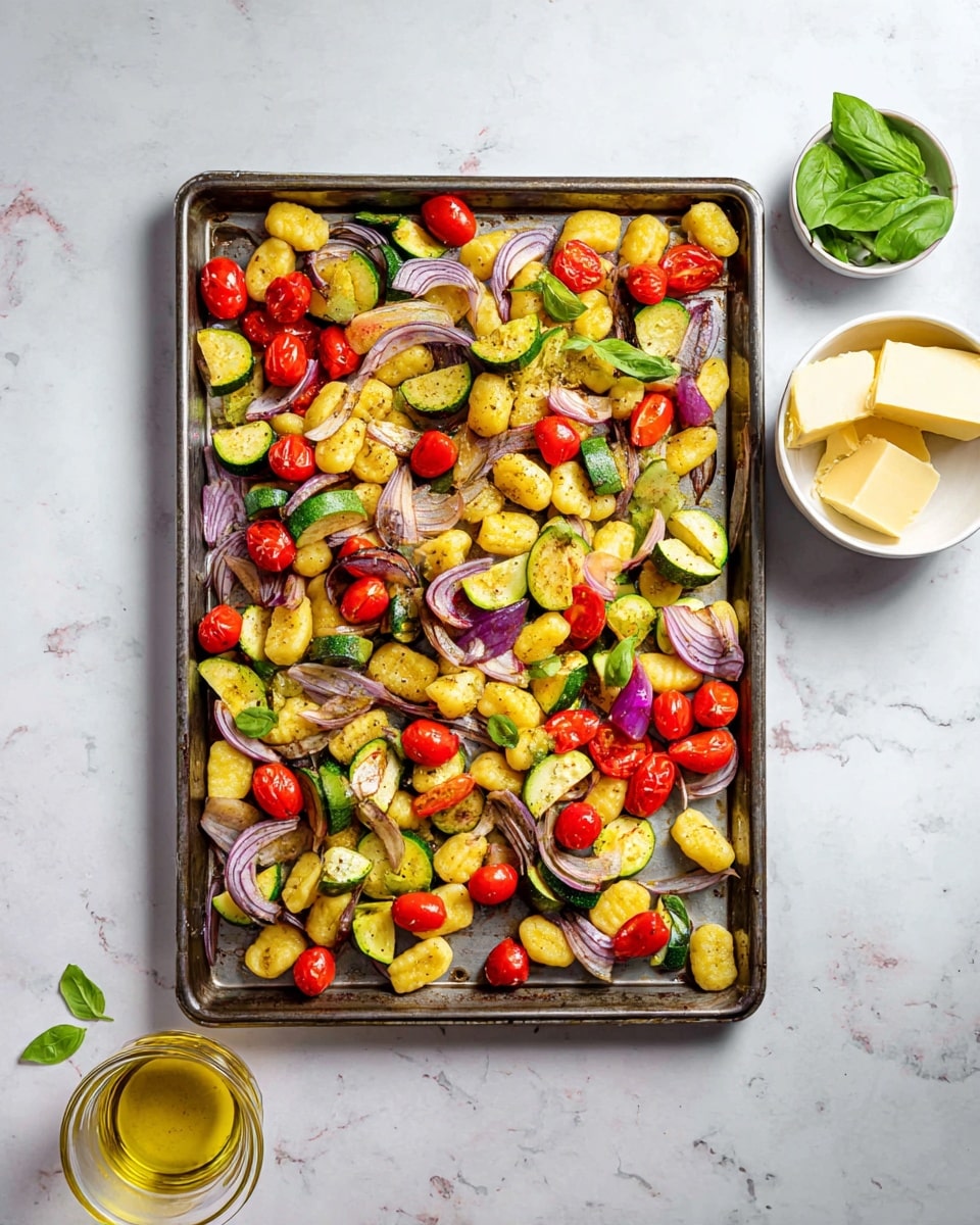 A baking tray filled with layers of small yellow gnocchi pieces scattered with bright green zucchini slices cut into chunks, and thin curled rings of purple onion spread evenly; red cherry tomatoes are placed throughout the tray, adding spots of vibrant red. Above the tray, two small white bowls contain a light yellow block of cheese and fresh green basil leaves. Below the tray, a small clear glass container holds golden olive oil. All of this is set against a white marbled surface. Photo taken with an iphone --ar 4:5 --v 7