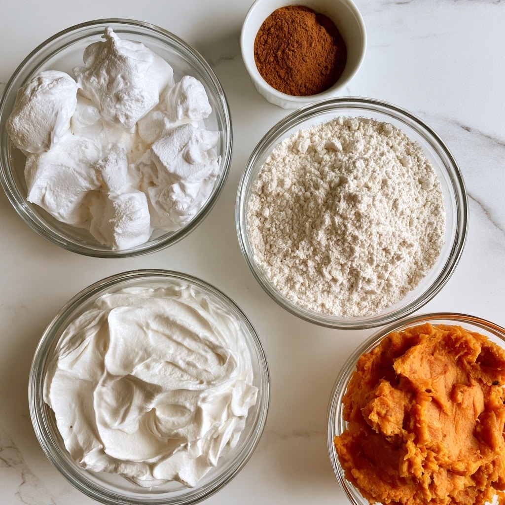 The image shows five clear glass bowls placed on a white marbled surface, each containing different ingredients for a recipe. The first bowl on the top left holds fluffy white marshmallow fluff with a light and airy texture. Next to it on the right, a bowl is filled with fine, powdery white instant vanilla pudding mix. Above this bowl, a small white bowl contains finely ground brown cinnamon powder. At the bottom left, there is a bowl filled with smooth and creamy white cool whip or whipped cream. Lastly, a bowl on the bottom right contains mashed sweet potatoes with a bright orange color and slightly chunky texture. The bowls are arranged with enough space between them, clearly showing each ingredient in detail. photo taken with an iphone --ar 4:5 --v 7