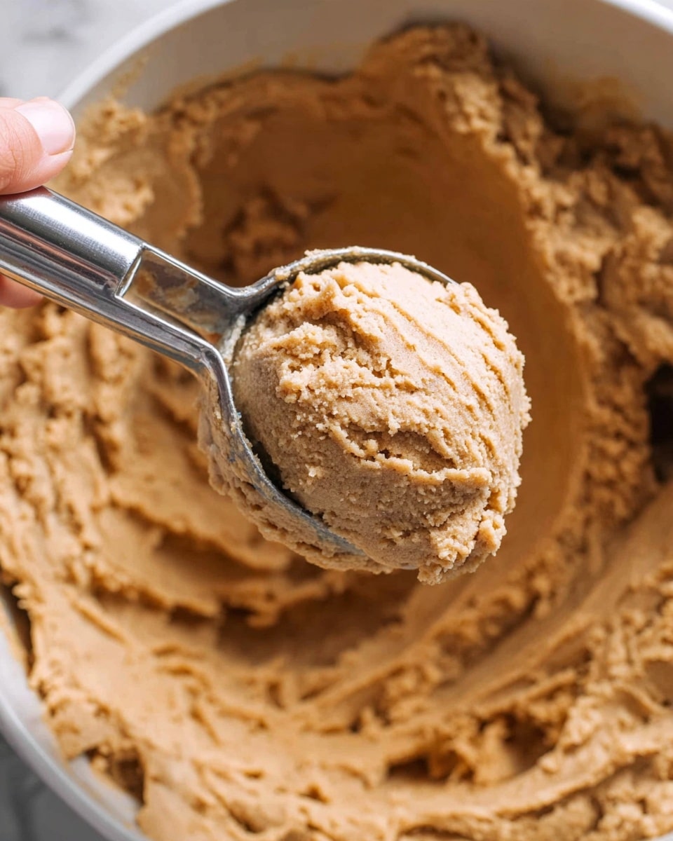A close-up image shows a metal ice cream scoop holding a rounded scoop of light brown, creamy cookie dough with a slightly grainy texture. The scoop is mid-motion, pulling the dough from a large amount of the same dough filling a white mixing bowl. The dough looks soft and thick with some small air pockets visible. In the top left corner, a woman's hand is holding the handle of the scoop. The background is a white marbled surface. Photo taken with an iphone --ar 4:5 --v 7