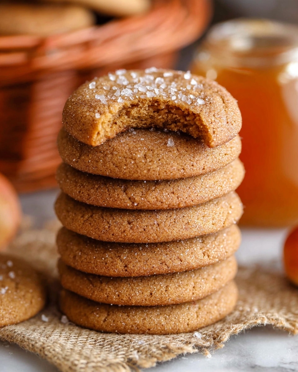A tall stack of eight round brown cookies with a soft texture is placed on a piece of coarse beige fabric. The top cookie has a large bite showing the inside, revealing a moist, crumbly texture with tiny air pockets. Both the top and the other cookies are sprinkled with large sparkling sugar crystals. The background shows a blurred orange jar with a lid and a basket. The setting is on a white marbled surface. photo taken with an iphone --ar 4:5 --v 7