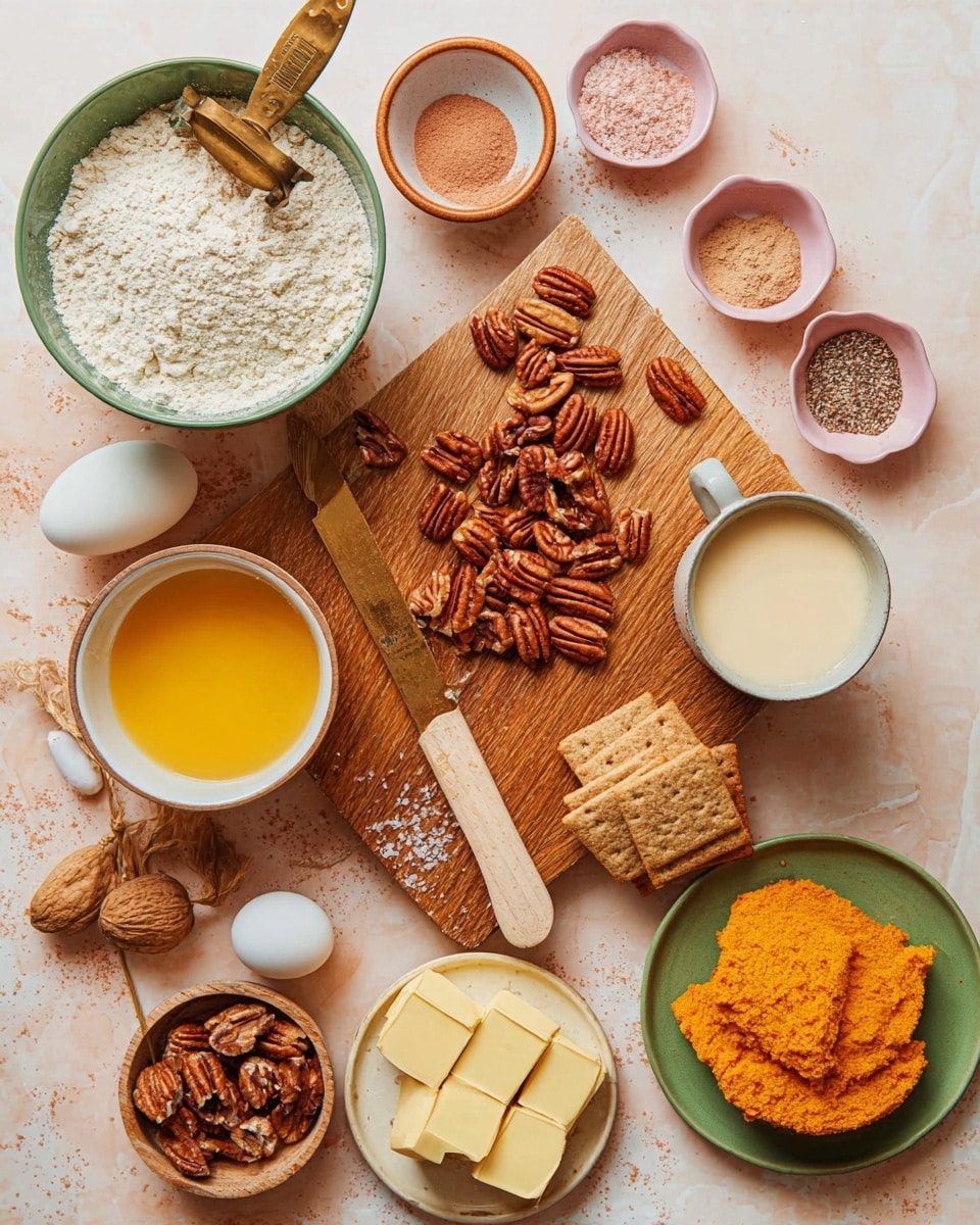 A wooden board in the center holds a pile of pecans, half pieces, and a small knife with a light brown handle resting beside them. To the right on the board is a white cup filled with pale creamy liquid. Around the board, on a white marbled surface, are small pink bowls with different powdered spices and a light pink bowl filled with yellow liquid. On the left side, there is a white bowl with a green outer rim filled with light brown flour and a brass measuring cup inside it. Below the board are two white eggs and a pink bowl with yellow butter cubes. Near the bottom right, there is a white plate with a stack of square crackers and a small brown bowl with bright orange mashed pumpkin. Another small green bowl filled with pecans is near the base of the board. The scene is well-lit, showing a soft, natural light with all items neatly arranged. Photo taken with an iphone --ar 4:5 --v 7
