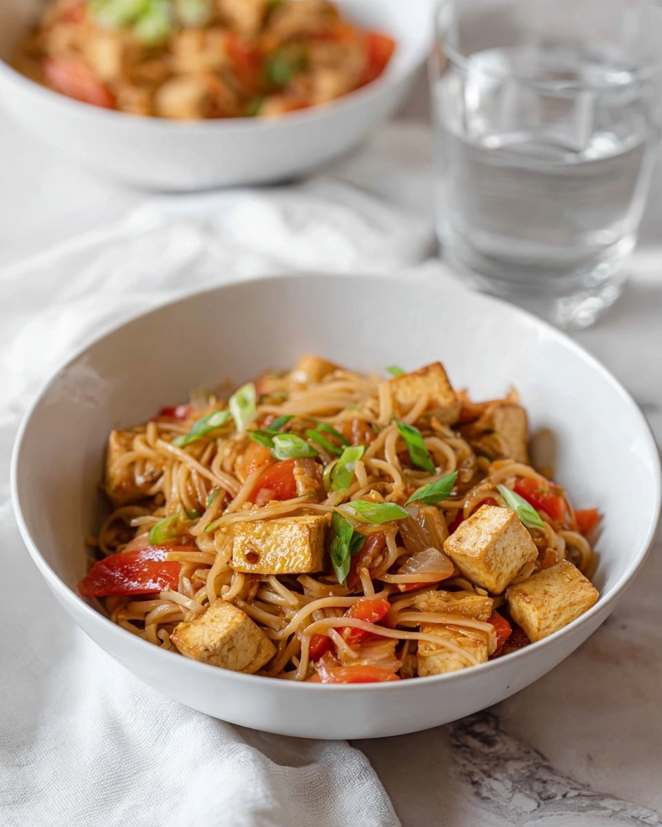 A white bowl filled with three main layers: the bottom layer is light brown cooked noodles, the middle layer shows pieces of orange-red bell pepper and translucent cooked onions mixed inside the noodles, and the top layer has cubes of light golden tofu scattered around, garnished with small green onion slices. The bowl is placed on a white marbled surface next to a blurred white cloth and a clear glass of water. In the background, there is another bowl with the same dish, softly out of focus. photo taken with an iphone --ar 4:5 --v 7
