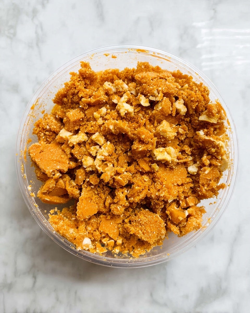 A clear plastic container holds a single layer of a crumbly mix made from orange and light tan pieces, a combination that looks like mashed sweet potato mixed with broken crackers or biscuits. The crumbs are uneven with different sizes and rough textures scattered across the container. The container sits on a white marbled surface, adding a clean and simple background to the image. photo taken with an iphone --ar 4:5 --v 7