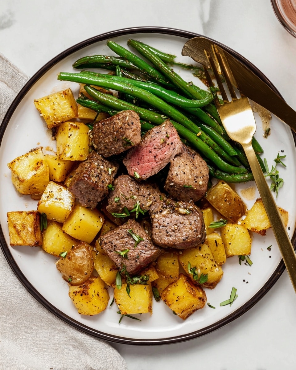 The dish shows a white plate with a dark rim, placed on a white marbled surface. On the plate, there are three layers: golden-brown roasted potato cubes scattered around the edge, bright green cooked green beans scattered over and under the potatoes, and in the center, six medium-cooked beef pieces with a browned outside and pink inside, sprinkled with black pepper and small green herbs. A golden fork rests on the right side of the plate with some green beans near it, and a woman's hand with a knife is partially visible near the top right corner. Photo taken with an iphone --ar 4:5 --v 7