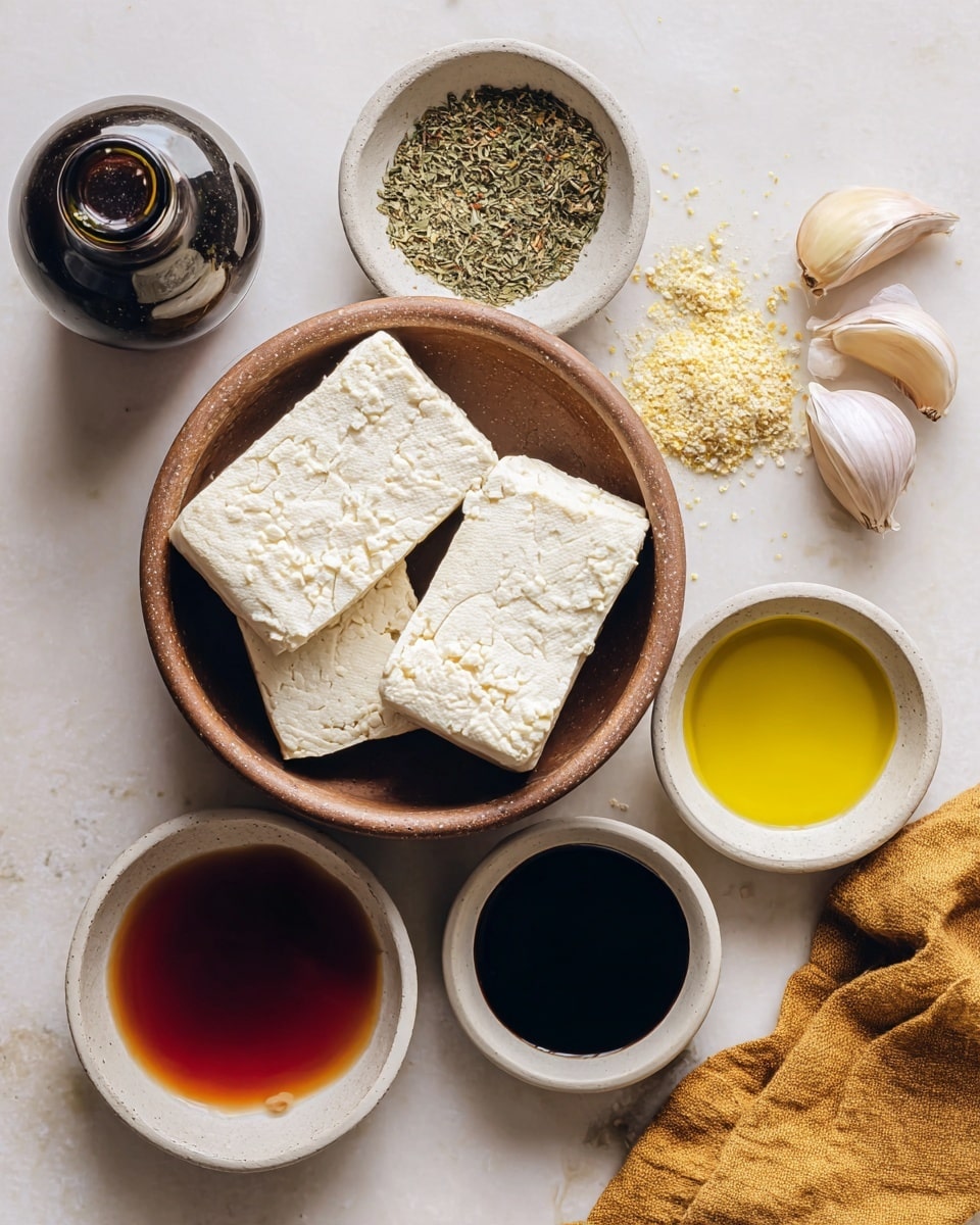 Two blocks of tofu with a pale, crumbly texture sit side by side inside a round brown bowl. Above and to the left, a small white bowl holds two types of dried herbs, green on one side and a mix of yellow and light brown on the other. To the right of the herbs, four garlic cloves lay on the white marbled surface. Below the garlic, a small white bowl contains a thick black sauce. Next to it, another white bowl holds golden yellow oil. At the bottom left, a white bowl filled with reddish-brown liquid is partly visible. A partially seen dark glass bottle is on the left side of the image, and a folded mustard-colored cloth is on the lower right corner. Photo taken with an iphone --ar 4:5 --v 7