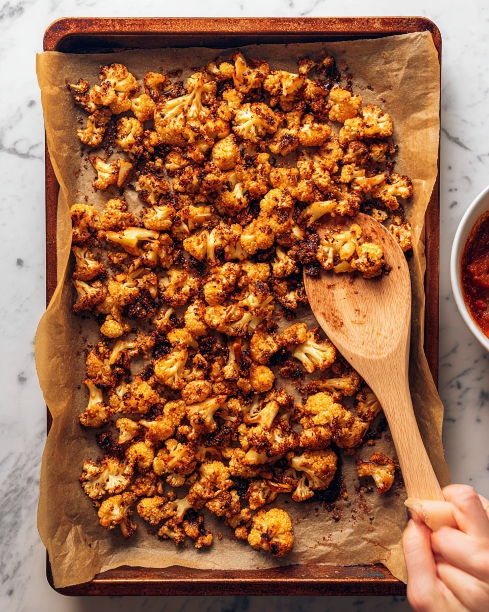A baking tray lined with brown parchment paper holds many small, irregular pieces of roasted cauliflower. The cauliflower pieces are orange with darker, slightly blackened spots showing some crispiness. A woman's hand holds a wooden spatula with a smooth texture and a natural wood grain, scooping some cauliflower from the lower right corner. The tray sits on a white marbled surface, and a partial view of a white bowl with red sauce appears on the right edge. The scene has warm lighting and a cozy feel. photo taken with an iphone --ar 4:5 --v 7