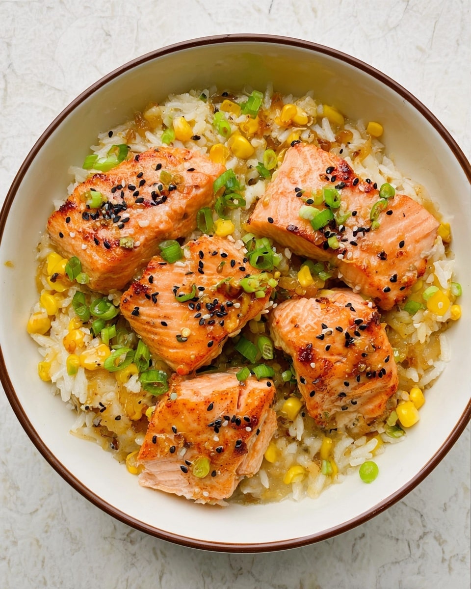 A white bowl with two thin brown rings near the edge holds a dish with four large pieces of pink cooked salmon, topped with small black sesame seeds and chopped green onions. Underneath and around the salmon, there is a mixture of white rice with yellow corn kernels and small bits of cooked onions, all sitting on a white marbled surface. The texture of the rice looks soft and slightly sticky, while the salmon pieces have a light golden-brown grilled look on some edges. photo taken with an iphone --ar 4:5 --v 7