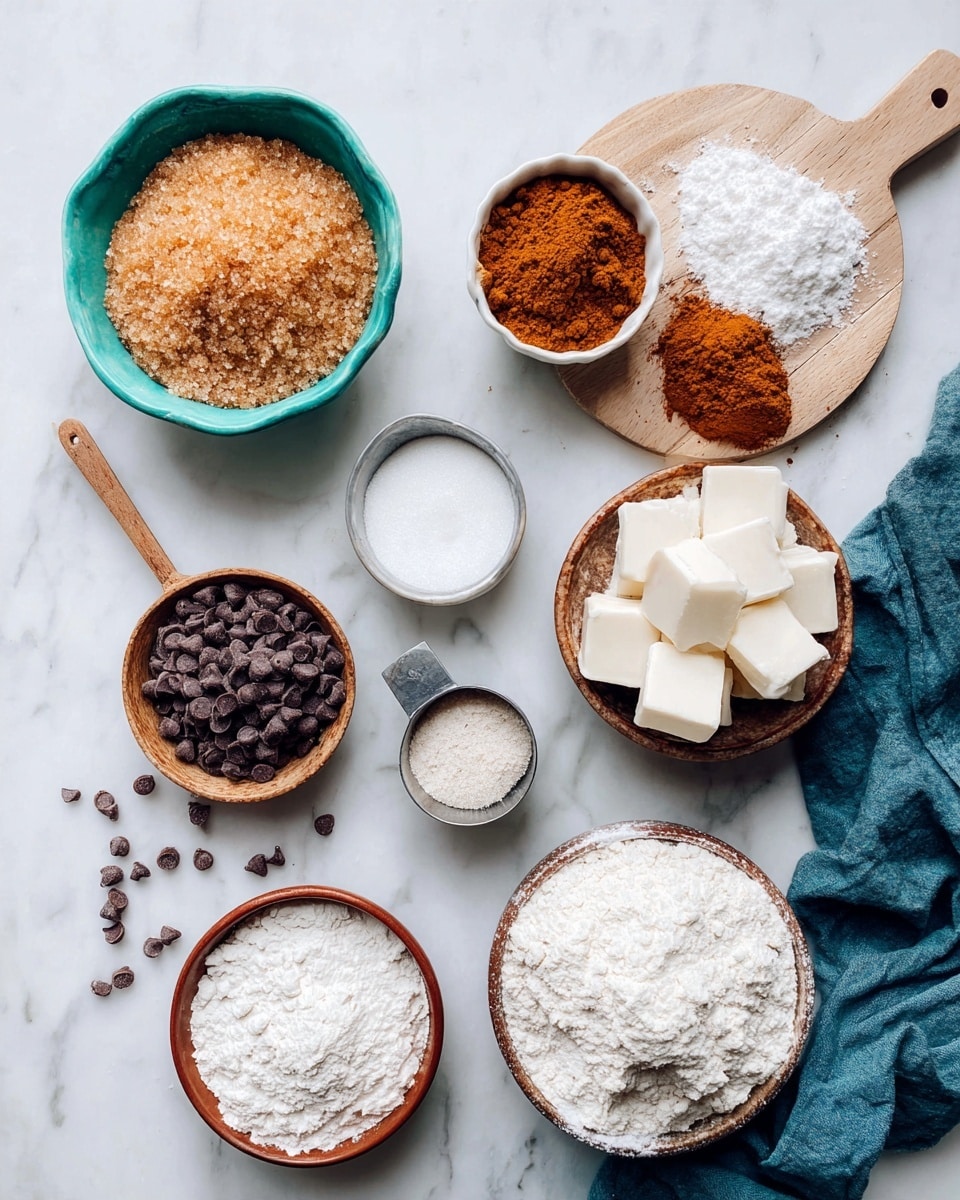 The image shows many small bowls and containers with different baking ingredients placed on a white marbled surface. There is a turquoise bowl filled with light brown sugar granules on the left side. Nearby, a small white bowl with brown cinnamon powder is placed on a wooden board. Next to it, a small brown earthen bowl has coarse white salt with a small wooden spoon sticking out. Below the cinnamon bowl, there is a tiny white bowl with white powdered baking soda or baking powder. A gray metal measuring cup filled with dark chocolate chips is placed near the center, with some chips scattered around. Below the sugar bowl, a brown earthen bowl holds several pieces of white butter or shortening. Other white bowls contain flour and powdered sugar, all arranged neatly with a crumpled blue cloth on the right edge. The whole scene has a clean and soft look. photo taken with an iphone --ar 4:5 --v 7