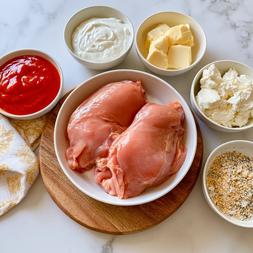 Two raw chicken pieces with a smooth pink color sit in a white bowl placed on a round wooden board. Surrounding this are five small white bowls on a white marbled surface: one with bright red buffalo sauce, one with white sour cream that looks thick, one with light yellow butter cut into small cubes, one filled with soft white cream cheese chunks, and one bowl with a mix of ranch seasoning that has a speckled tan and white texture. A folded white cloth with a yellow pattern lies beneath the buffalo sauce and cream cheese bowls. photo taken with an iphone --ar 4:5 --v 7