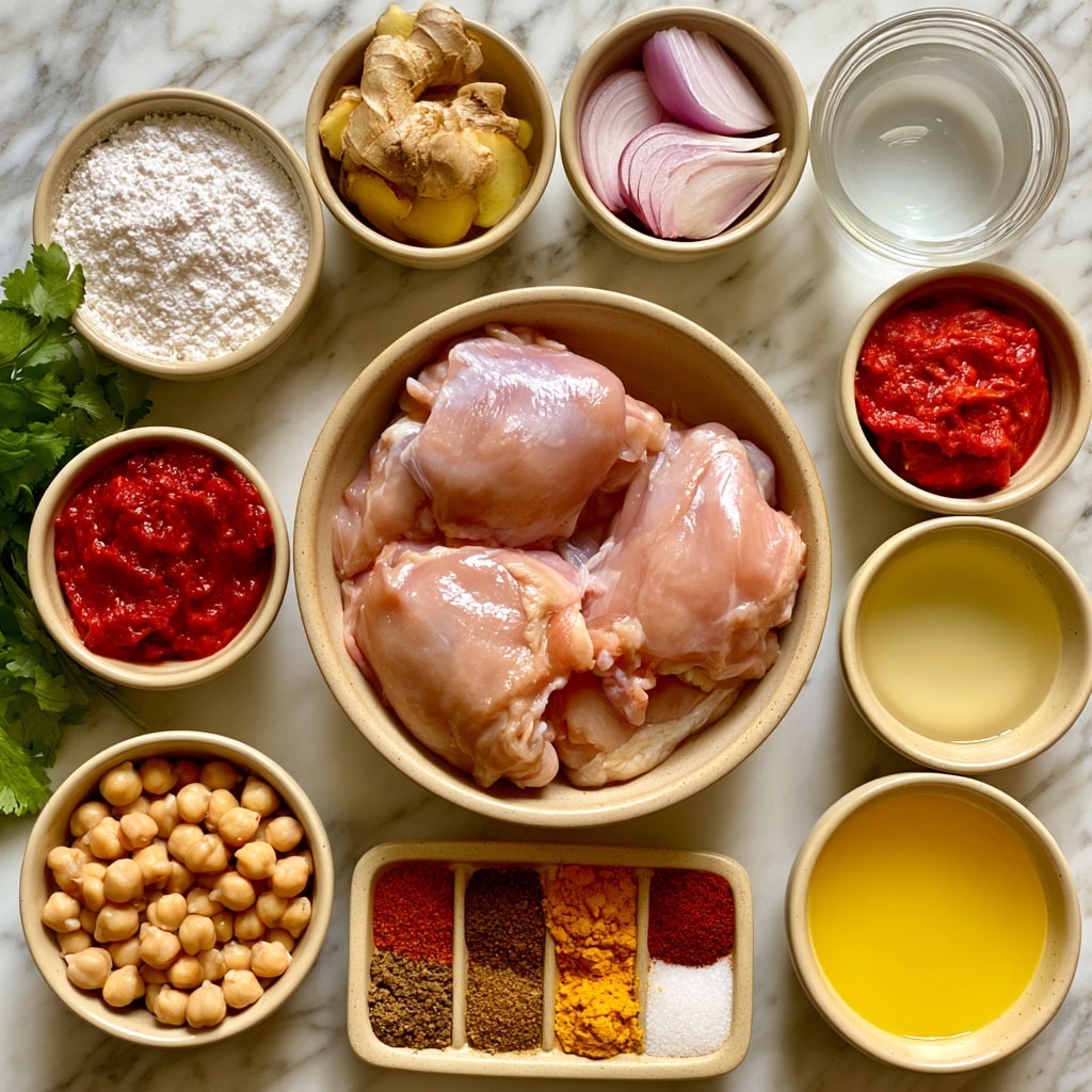 The image shows various ingredients for cooking arranged neatly on a white marbled surface. In the center is a beige bowl filled with raw chicken thighs, a light pink and shiny texture. Surrounding it are smaller bowls: to the top left, one with white creamy coconut cream, next to ginger slices in a small dish, and sliced red onions with purple and white layers. To the top right is a white bowl with clear light brown chicken broth, a small white bowl with bright red tomato paste, and a white bowl filled with round beige chickpeas. Below the chicken thighs, a small white bowl contains pale yellow lemon juice, and beside it another small dish holds yellow butter or ghee. To the bottom left, a beige bowl with multiple spices in separate sections shows reds, yellows, and browns labeled with names like cayenne, cumin, turmeric, garam masala, paprika, salt, and sugar. Fresh green cilantro with leafy texture is placed to the far left. The ingredients are all spaced out cleanly on the white marbled surface. Photo taken with an iphone --ar 4:5 --v 7