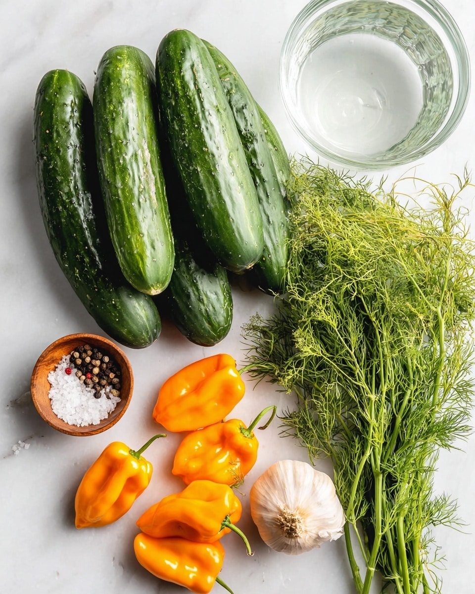 The image shows a collection of fresh ingredients arranged on a white marbled surface. On the left side, there are seven long, dark green cucumbers with shiny skins, some stacked on top of each other. Below the cucumbers, five bright orange habanero peppers of different shapes are scattered. To the right of the peppers is a bunch of fresh dill with fine, feathery, green leaves. Near the top right, there is a whole garlic bulb with a light beige skin, while a clear glass bowl filled with water is placed behind the garlic. At the bottom left, a small wooden bowl contains coarse white salt and whole black peppercorns. The photo taken with an iphone --ar 4:5 --v 7