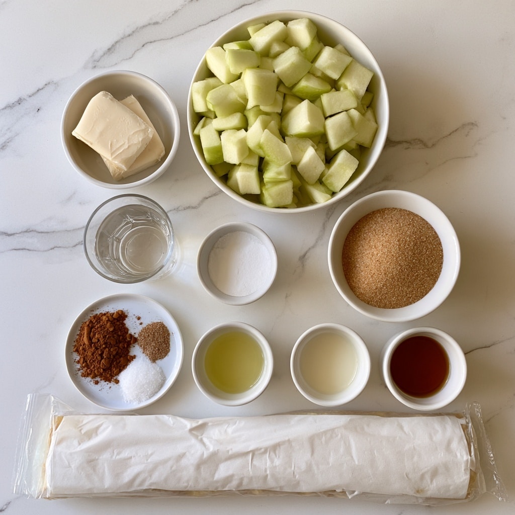 The image shows a white marbled surface with several white bowls and small cups arranged neatly. At the top center, there is a white bowl filled with chopped light green apples. To its left is a small white bowl holding two pieces of pale vegan butter. Below the apples are a glass cup of clear water and a small white cup with white cornstarch. Next to these are a white bowl with light brown sugar and a smaller white plate with three spices: cinnamon, nutmeg, and salt, each in small piles. Below them are small white cups holding lemon juice, plant-based cream, and a dark amber vanilla liquid. There is also a long, sealed package of gluten-free puff pastry wrapped in white paper at the bottom center. Each item is labeled with black text above or beside it. The overall look is clean and organized. photo taken with an iphone --ar 4:5 --v 7