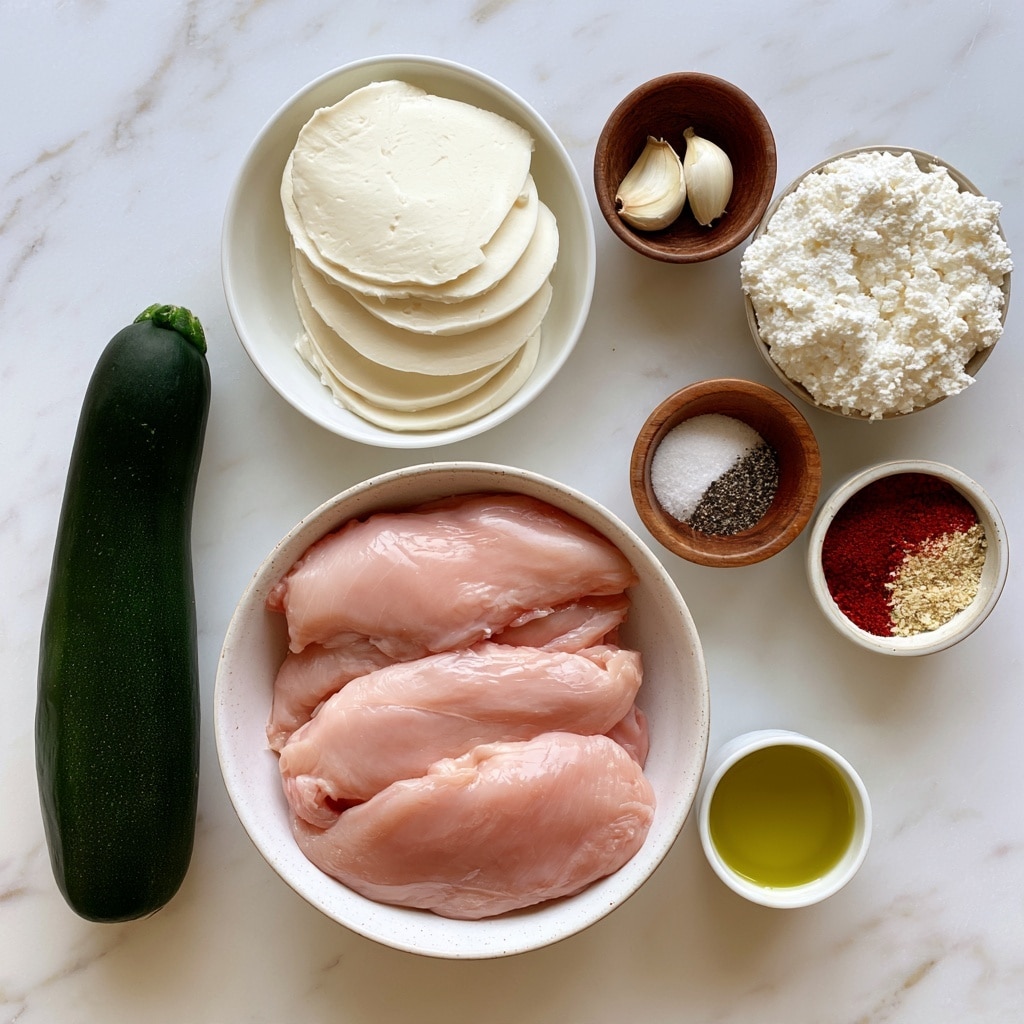 The image shows several ingredients arranged on a white marbled surface with labels. At the center bottom, a white bowl holds raw, pale pink boneless, skinless chicken breasts. To the left, a dark green zucchini lies flat. Above the chicken, a white bowl contains off-white mozzarella slices stacked neatly. To the right of the mozzarella, a small wooden bowl has two garlic cloves. Next to that, a small bowl is filled with white fluffy ricotta cheese. Below the chicken bowl, a small white cup holds yellow olive oil. To the right of the oil, a small wooden bowl contains salt and black pepper, while a small white bowl next to it has red and beige spices, labeled sumac and garlic. photo taken with an iphone --ar 4:5 --v 7