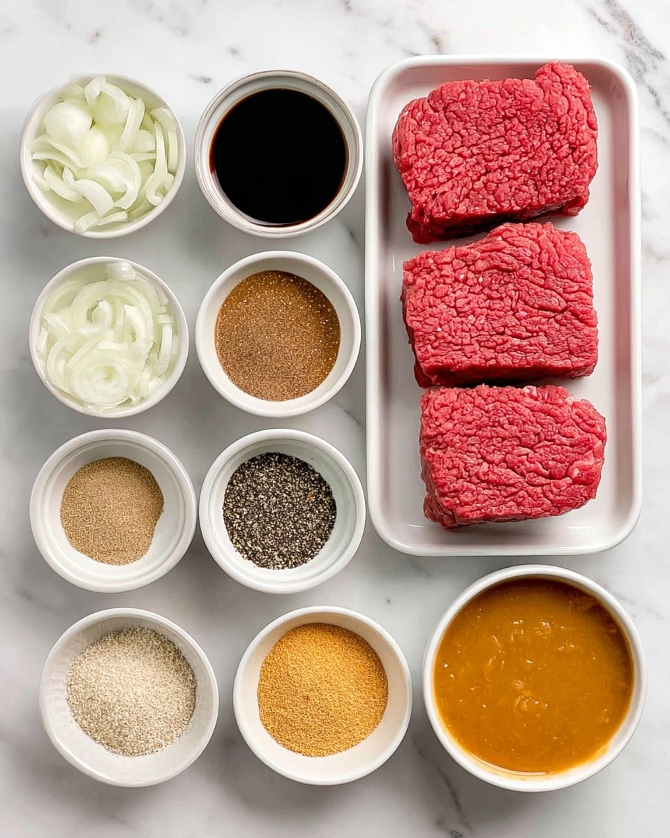 The image shows a white tray with two pieces of red cube steak placed side by side on the top right. Surrounding the tray are eight small white bowls arranged neatly on a white marbled surface. Each bowl contains different ingredients: thin white onion slices in one, dark brown Worcestershire sauce in another, light brown onion soup mix, a beige brown gravy mix, light tan onion powder, light yellow garlic powder mixed with black pepper, and thick orange golden mushroom soup in the last bowl. All elements are laid out clearly and evenly spaced for easy viewing. photo taken with an iphone --ar 4:5 --v 7