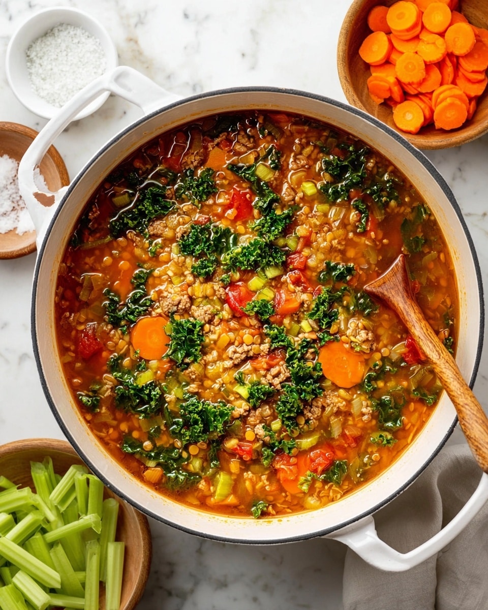 A white pot filled with a thick soup showing many layers: the base layer is a reddish-brown broth, with visible pieces of orange carrot slices, yellow lentils, small chunks of light brown cooked meat, bright green kale leaves, and small bits of celery and red tomatoes floating evenly inside. A wooden spoon is partly dipped on the right side of the pot. Around the pot, there are small white bowls with raw sliced celery and carrots, and a small wooden bowl with white salt. The surface under the pot and bowls is a white marbled texture. photo taken with an iphone --ar 4:5 --v 7