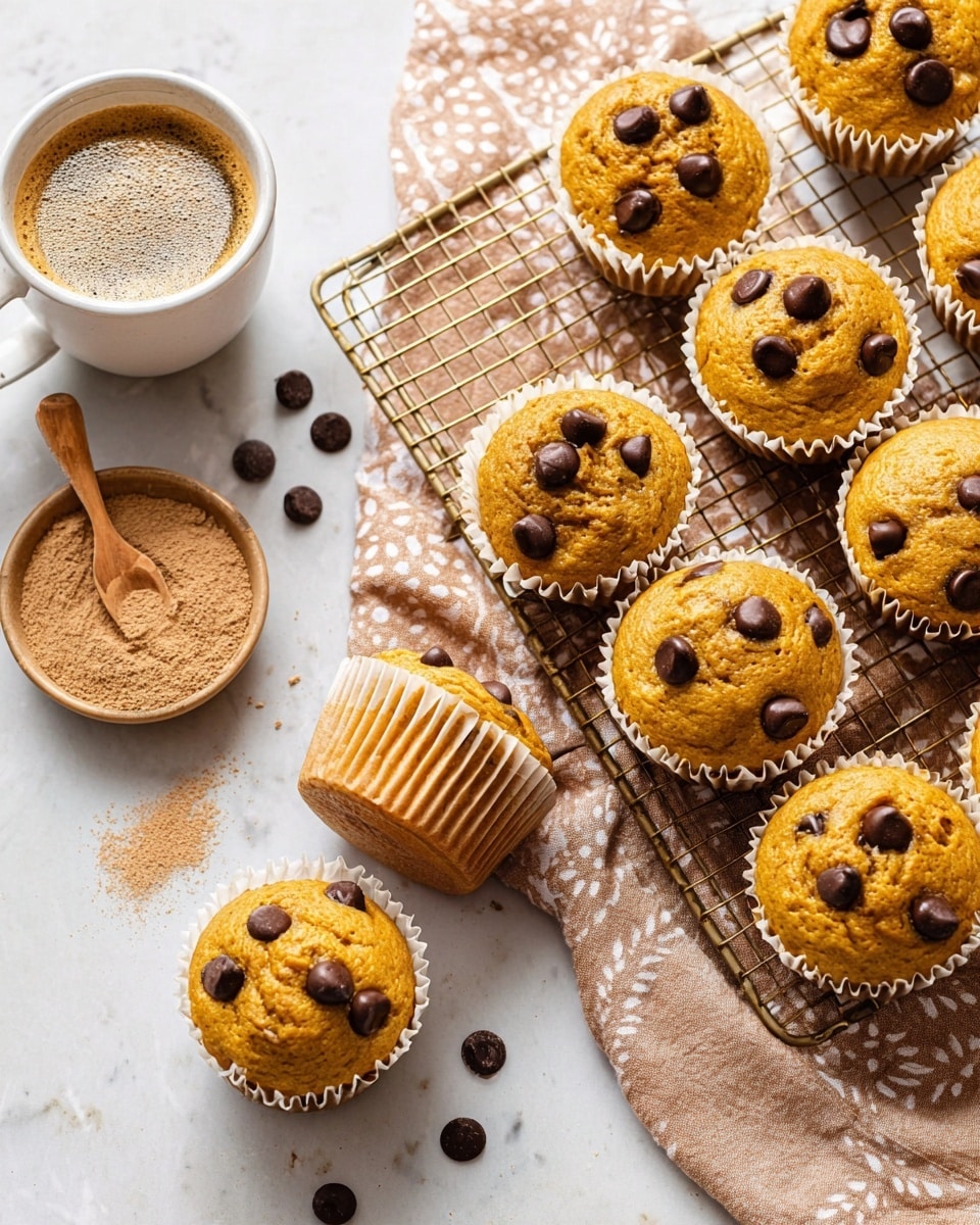 Several golden brown muffins with soft, rough tops are shown resting on a metal cooling rack. Each muffin is wrapped in a white paper liner and topped with several dark shiny chocolate chips scattered unevenly on the surface. The muffins have a slightly cracked texture on the top, showing a moist inside. The background is a white marbled texture. photo taken with an iphone --ar 4:5 --v 7