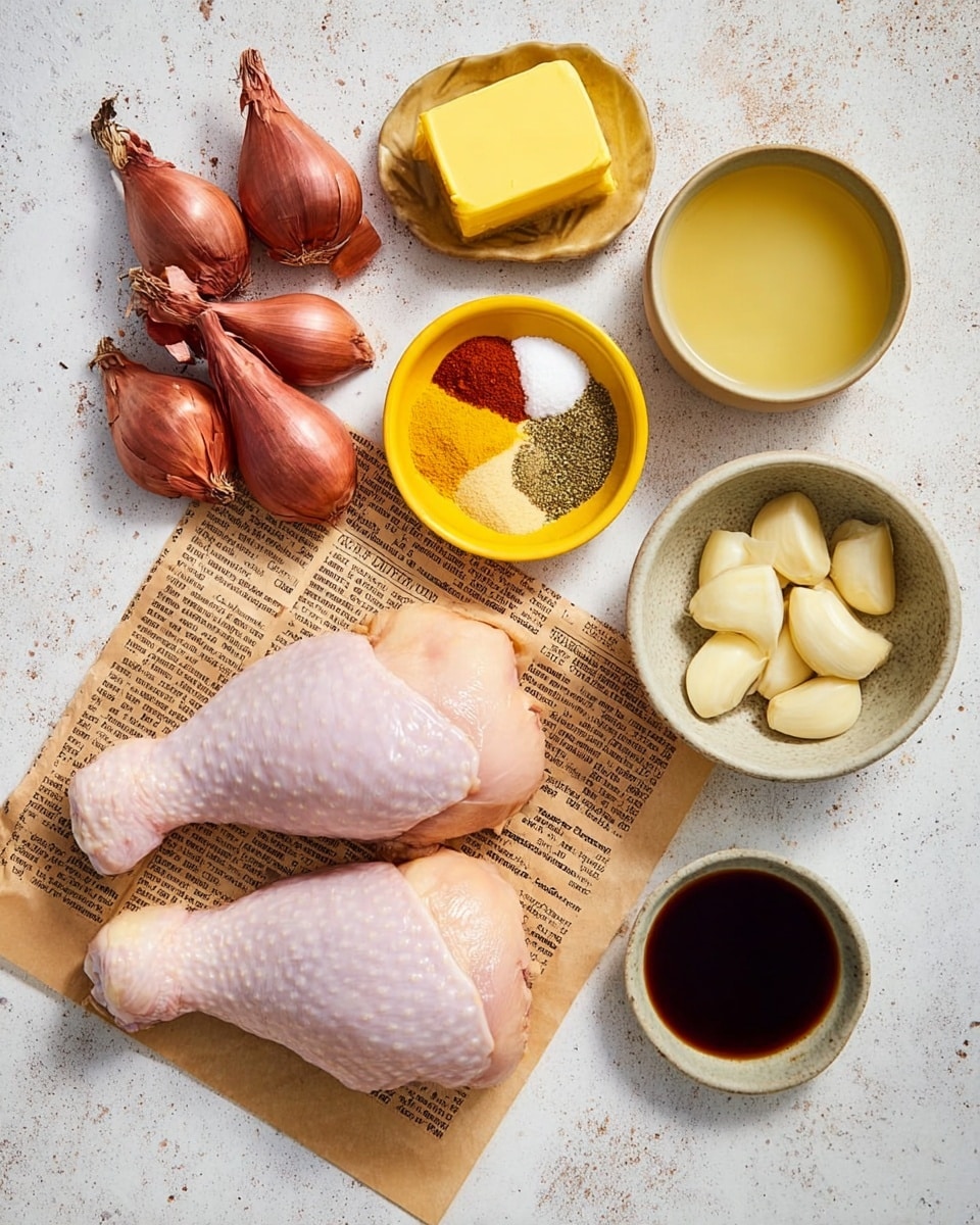 The image shows two raw chicken legs placed on a piece of brown newspaper, with their pale pink skin and textured surface clearly visible. Next to them is a small round beige bowl holding four peeled garlic cloves, smooth and slightly shiny. Above the chicken, there are two small yellow bowls, one filled with a rectangular block of butter, bright yellow and smooth, and the other holding several different spices in separate piles: red, white, yellow, green, and brown powder. To the left of the butter and spices, a cluster of seven whole shallots with their reddish-brown skins and pointed ends lean to one side. Below the shallots is a small round bowl filled with dark liquid, likely soy sauce, reflecting light on its surface. To the upper right of the chicken legs is a small grey bowl containing a pale yellow liquid. The whole setup sits on a white marbled surface, giving a fresh and clean background appearance photo taken with an iphone --ar 4:5 --v 7