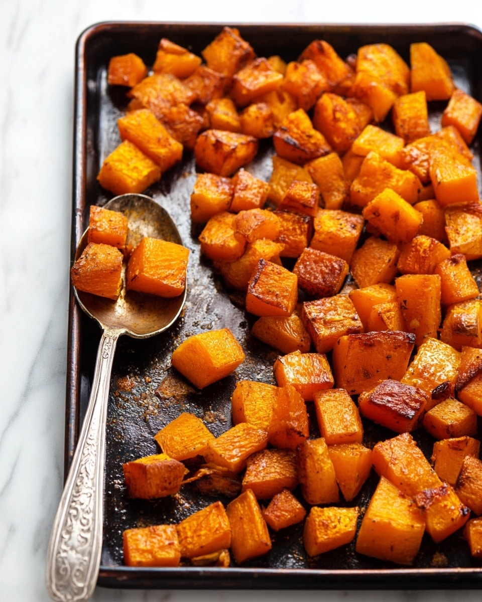 A dark metal baking tray holds many pieces of roasted butternut squash, cut into small chunks with uneven shapes. The squash pieces are a bright orange color with a slightly browned, roasted surface that shows a soft, cooked texture. A worn silver spoon with a patterned handle is lifting some pieces from the tray near the center-left, adding a metallic contrast. The background is a clean white marbled texture that enhances the warm colors of the cooked squash. photo taken with an iphone --ar 4:5 --v 7