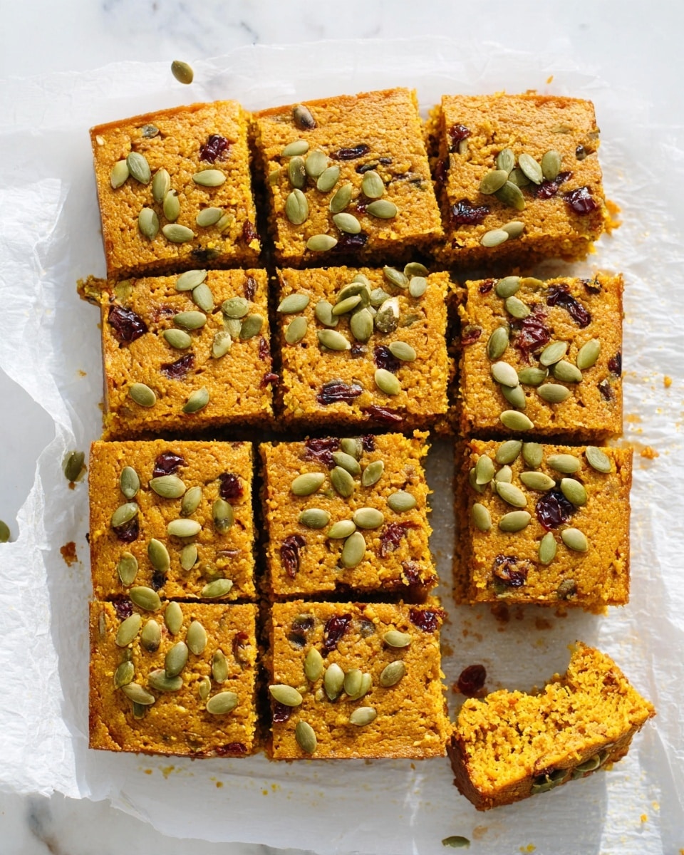 The image shows a batch of 16 square orange pumpkin bars arranged in a 4x4 grid on white parchment paper placed over a white marbled surface. Each bar has a slightly rough texture with visible small seeds and dark dried fruit bits inside. The top of each bar is sprinkled with green pumpkin seeds, scattered unevenly across the surface. One bar near the top right has a bite taken out, revealing a moist and crumbly inside with more dried fruits and nuts. The bars have a warm, golden-orange color that looks soft and dense. Photo taken with an iphone --ar 4:5 --v 7