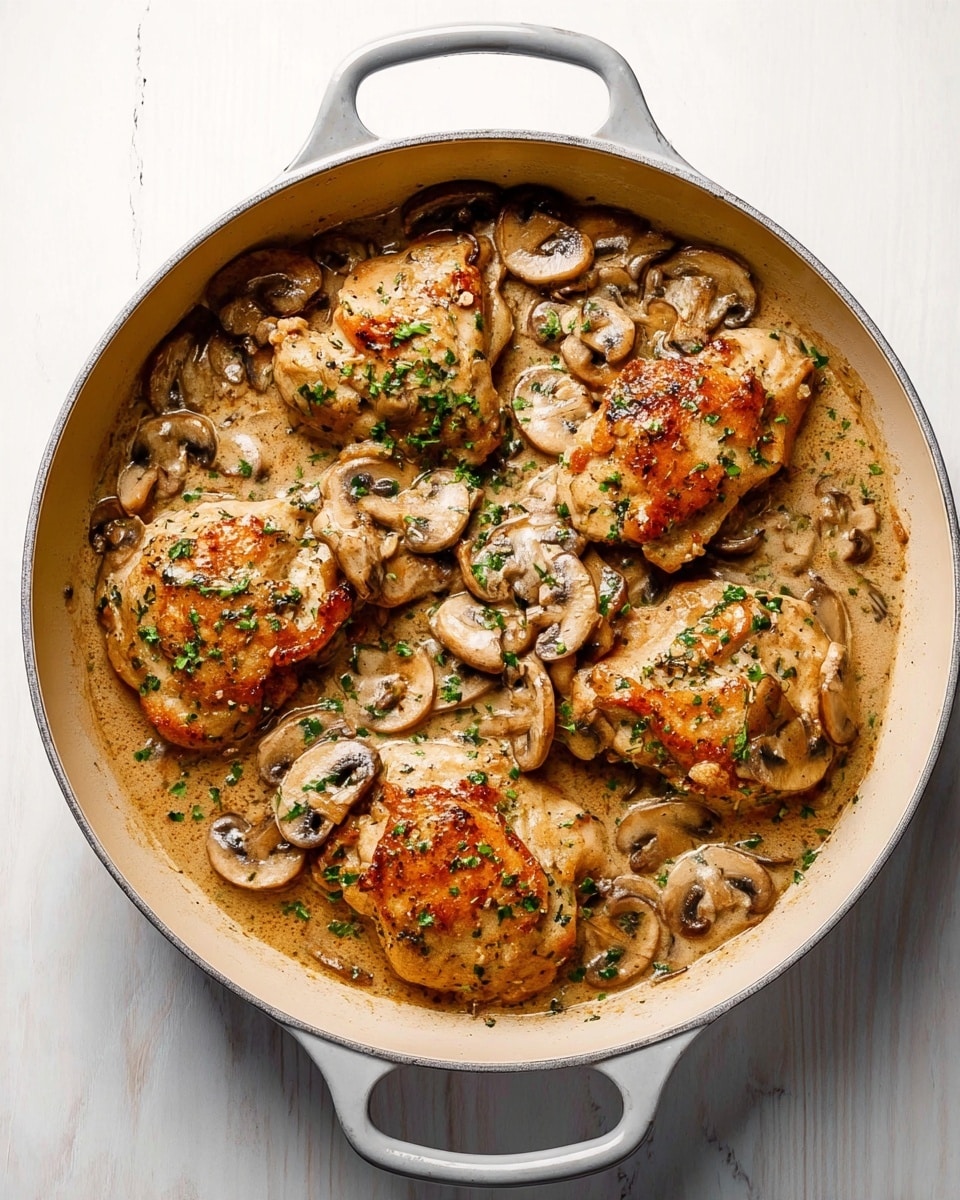 A light gray round pan filled with four browned chicken pieces on the bottom layer, covered in creamy brown mushroom sauce with sliced mushrooms on the top layer, all sprinkled with small green herbs for garnish. The pan is set on a white marbled surface. photo taken with an iphone --ar 4:5 --v 7