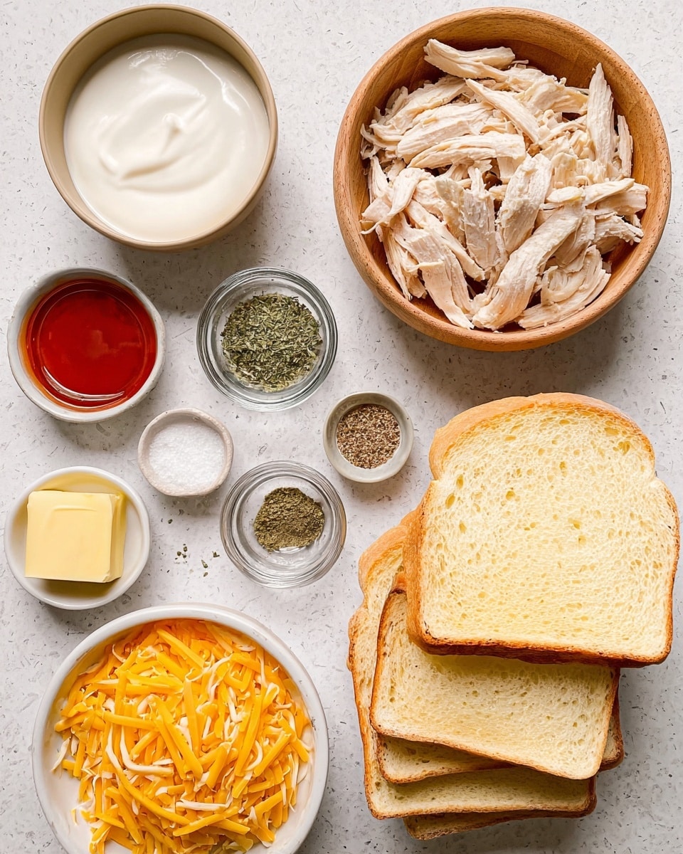 The image shows several small bowls and a stack of four slices of light golden yellow bread arranged on a white marbled surface. At the top left, there is a tan bowl with smooth white cream. Below it, a wooden bowl is filled with shredded light beige chicken. Next to the chicken, small clear and tan bowls hold green dried herbs, white salt, and black pepper. To the bottom left, a tan bowl contains a small block of yellow butter, and next to it, a glass container holds bright red sauce. At the bottom, a white bowl is full of shredded orange-yellow cheese. The white bread slices are stacked with some overlap, showing a soft texture and crusts. photo taken with an iphone --ar 4:5 --v 7