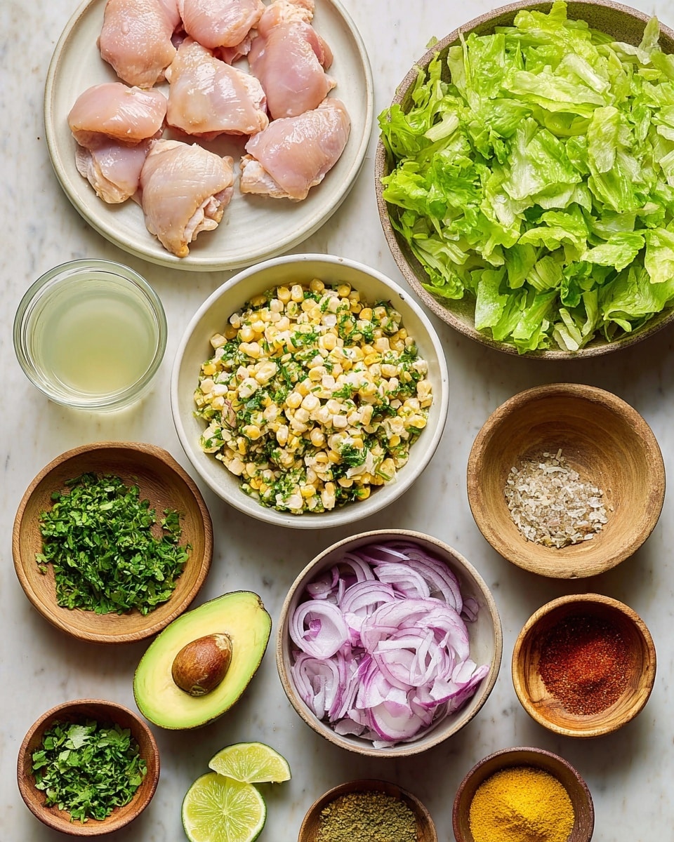 The image shows a top view of many ingredients laid out on a white marbled surface, including a large bowl of bright green chopped lettuce on the top right, a smaller bowl of creamy yellow corn salad with some green herbs mixed in below it, and a white bowl filled with sliced light purple onions next to it. Near the bottom left is a white plate holding five pieces of raw pale pink chicken thighs. Surrounding these main bowls are small wooden bowls containing finely chopped green herbs, minced garlic, and a plate with multiple colorful spices like red, yellow, and orange powders. There is also a halved avocado showing its green inside with a brown seed and a small glass of clear yellow oil. A small glass of pale lemonade and a half lime sit near the bottom left. Photo taken with an iphone --ar 4:5 --v 7