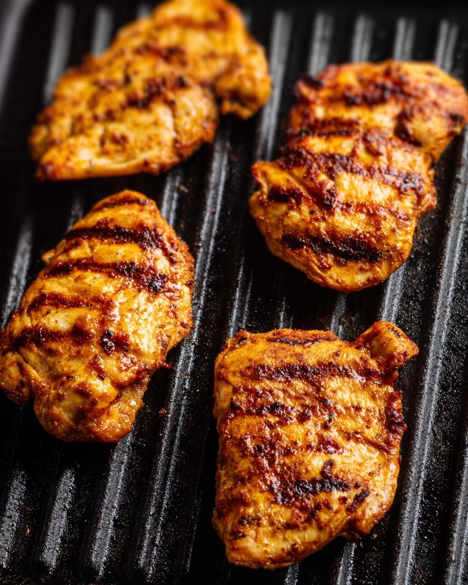 Four grilled chicken pieces with a golden-brown color and some darker grill marks are placed on a black ridged grill pan. The chicken pieces are uneven in shape with a slightly shiny surface from cooking oil or marinade. The background is a close-up view showing texture and detail of the grill ridges, and the overall look is warm and appetizing. photo taken with an iphone --ar 4:5 --v 7
