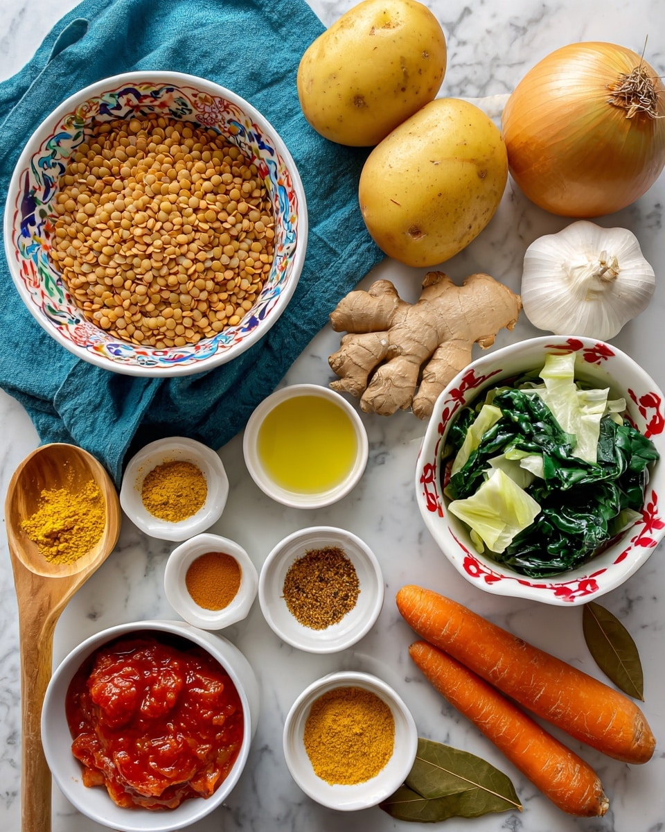 A white bowl filled with light brown dried lentils takes the bottom left area of the image, with a wooden spoon to the right holding bay leaves next to it. Above, there are two medium-sized yellow potatoes on a white marbled surface with a blue cloth underneath, alongside an onion with a yellow band, and a knob of light brown ginger. Two bright orange carrots lie next to the ginger, with a whole white garlic bulb nearby. At the top right, a white bowl with a red and yellow floral pattern on the rim contains fresh green spinach or kale leaves mixed with pale yellow cabbage. Surrounding these are small white bowls holding golden yellow mixed spices (curry, turmeric, cumin, red pepper flakes), a clear bowl of golden broth with green herbs, and a bowl of bright red crushed tomatoes. A halved lime with light green flesh and a small white bowl with yellow EVO oil complete the layout, all set on a white marbled surface. Photo taken with an iphone --ar 4:5 --v 7