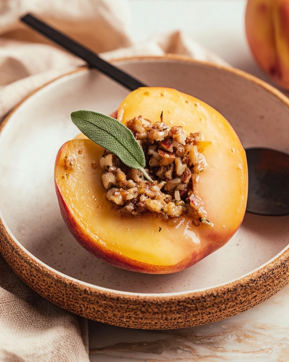 The image shows a close-up of a peach cut in half, placed in the center of a shallow white bowl with a brown textured rim. The peach has a smooth, soft yellow interior with a reddish-orange skin edge. The pit area is filled with a crunchy-looking nut mixture, light and dark brown in color, appearing moist and sticky. A single green sage leaf rests on top of the peach half. A black spoon lies inside the bowl, partly visible on the left side. The background features a soft beige cloth and a white marbled surface under the bowl. photo taken with an iphone --ar 4:5 --v 7