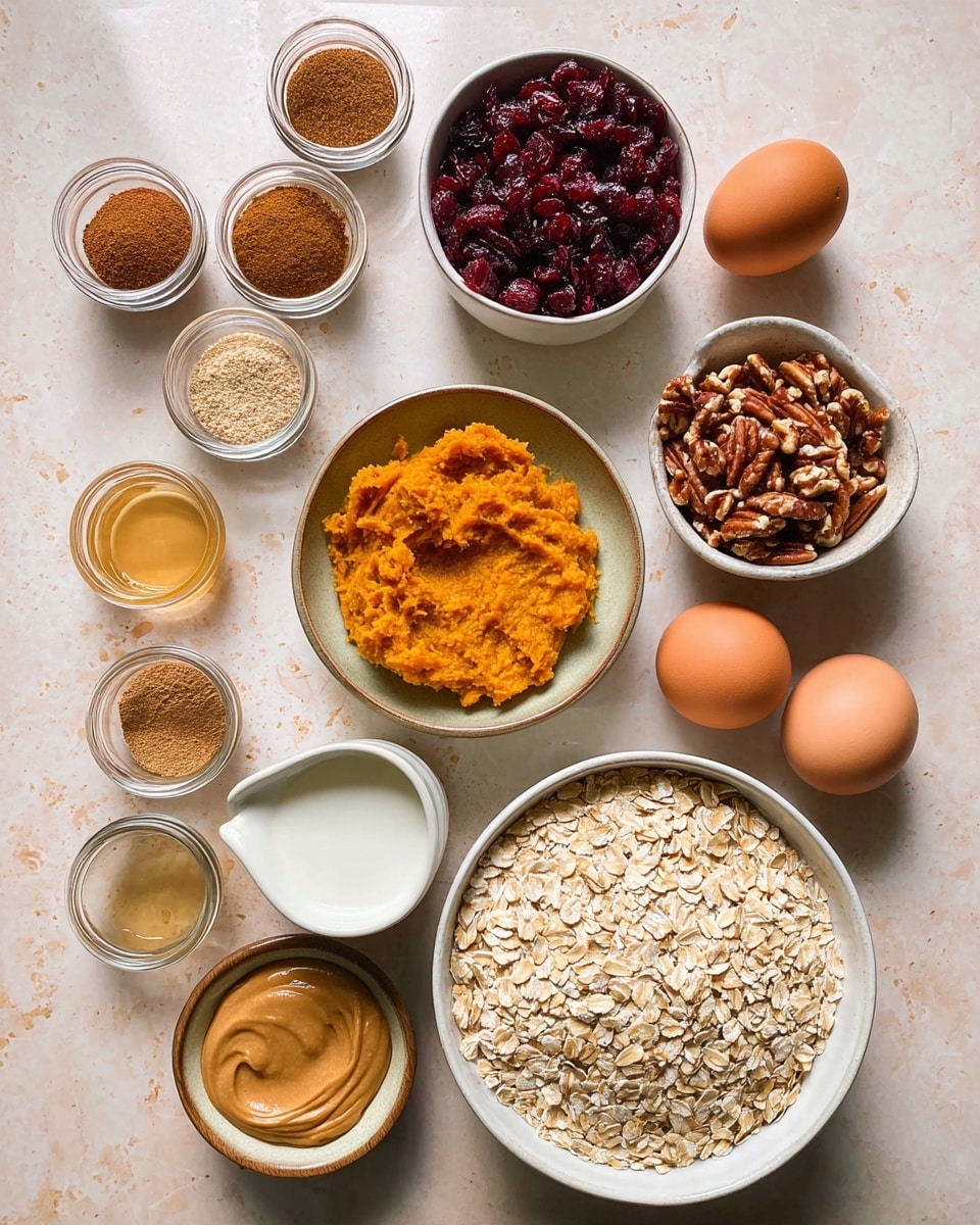 A flat lay of various baking ingredients arranged neatly on a white marbled surface, including a large white bowl filled with light beige rolled oats on the lower right, a small white bowl of orange pumpkin puree placed just above the oats, and a white bowl of chopped brown pecans to the upper right. To the left of the pumpkin puree is a white bowl with dark red dried cranberries, and scattered around are three brown eggs near the bottom right. Several small glass jars hold different ground spices in brown shades on the upper left, while a small glass bowl with amber honey and a white small jug with milk sit near the oats and cranberries. A white bowl with smooth light brown peanut butter is positioned on the lower left. The ingredients are spread out in an organized fashion on the white marbled background. Photo taken with an iphone --ar 4:5 --v 7