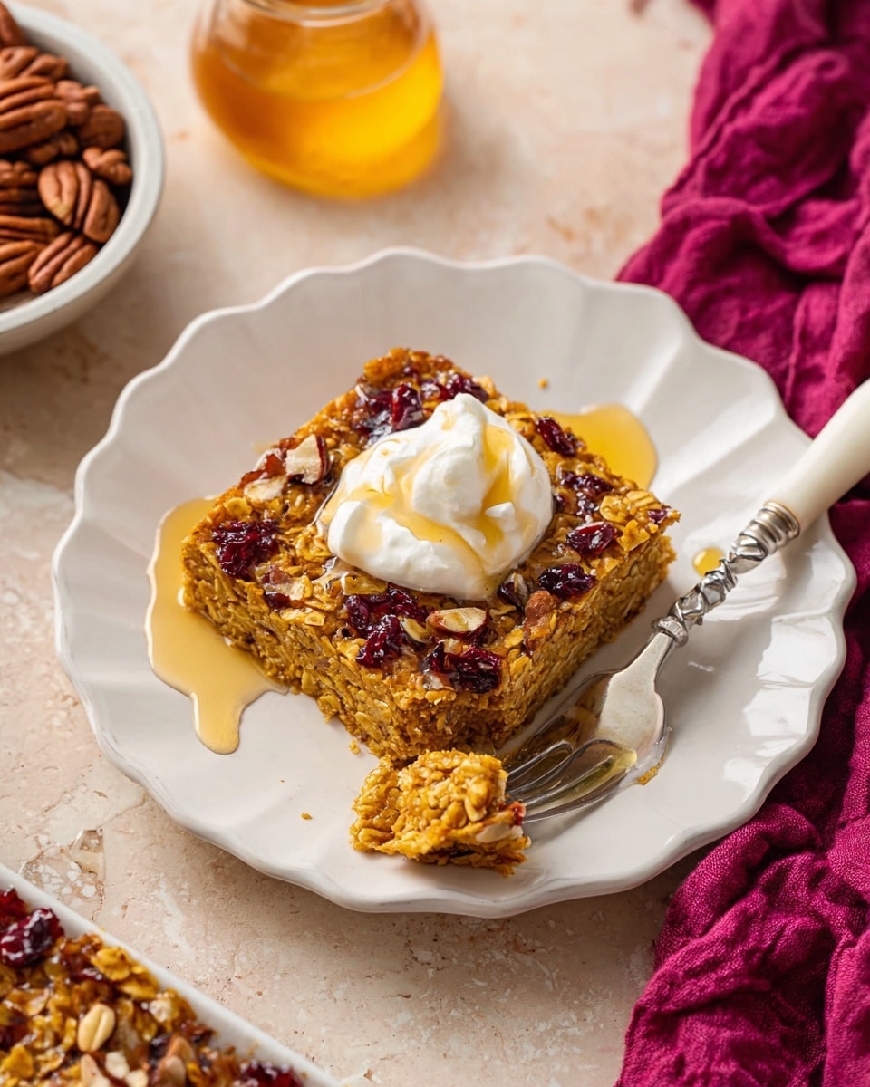 A square slice of baked oatmeal sits on a white plate with gentle scalloped edges, showing a golden brown layer studded with red dried cranberries and chopped pecans. The oatmeal texture is slightly rough and dense, topped with a dollop of white whipped cream that is smooth and soft with a small drizzle of light amber syrup flowing over it. A fork with a white handle rests on the plate, holding a bite-sized piece of the oatmeal, and the plate is placed on a light beige surface with a white marbled texture. Nearby, a bowl filled with chopped pecans in shades of brown and a clear glass container of honey add warm, natural tones, alongside a soft, crumpled magenta cloth. photo taken with an iphone --ar 4:5 --v 7