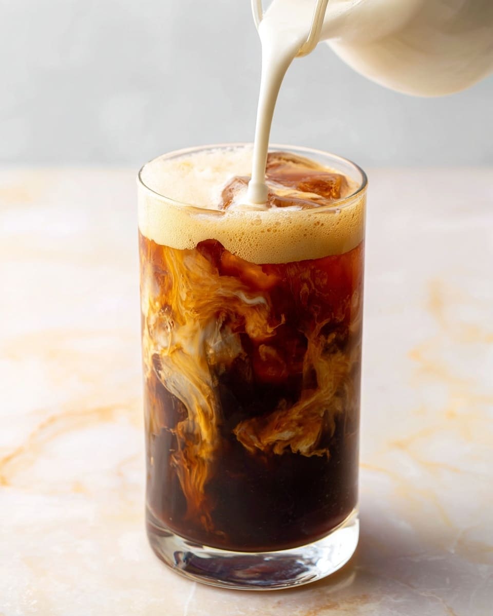 A clear tall glass filled with dark iced coffee and ice cubes shows a rich dark brown layer with some lighter swirls from cream mixing in. On top of the dark coffee is a thick light tan foam layer. Cream is being poured from the top into the glass, creating a smooth white stream that flows down into the frothy surface. The glass is set on a white marbled surface with soft, light background. Photo taken with an iphone --ar 4:5 --v 7