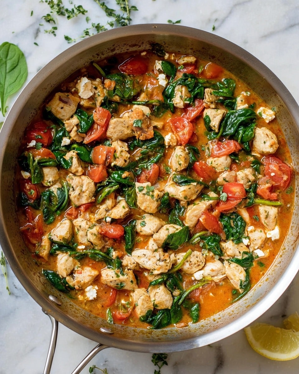 The image shows a silver pan filled with a cooked dish that has multiple layers. The bottom layer is a light red-orange sauce with a slightly oily shine. On top of this sauce, there are many pieces of white meat chunks with a light browned texture, mixed with bright green spinach leaves that look slightly wilted. Scattered through the dish are vibrant red tomato pieces and small white cheese cubes. The pan sits on a white marbled surface with some scattered green herbs around and a small part of a lemon wedge visible at the bottom edge. photo taken with an iphone --ar 4:5 --v 7