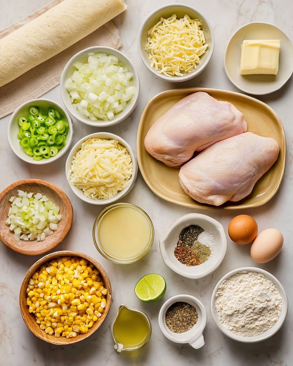The image shows a flat top view of several white bowls and a tan tray arranged on a white marbled surface. At the center is a tan tray holding two large raw chicken pieces, pale pink with smooth skin. Surrounding the tray are multiple small white bowls filled with diced white onions, shredded pale yellow cheese, chopped green bell peppers, and minced garlic. There is a wooden bowl with bright yellow corn kernels and a white bowl with green chopped pickles. Other items include a raw brown egg placed near two lime halves, a small bowl of light yellow butter slices, a measuring cup with golden chicken broth, a bowl with a creamy white sauce, a round bowl with mixed dry spices in shades of black, white, and brown, a small bowl with light tan flour, and a small white bowl of olive oil. A rolled-up sheet of light beige dough lies near the top on a beige towel. The scene is well-lit, clear and simple with light natural colors, photo taken with an iphone --ar 4:5 --v 7