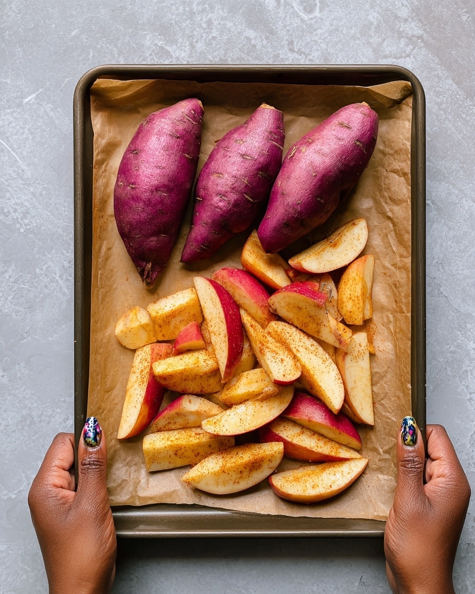 A baking tray lined with light brown parchment paper holds two whole shiny purple sweet potatoes on the top side and a pile of sliced apple wedges below them, lightly seasoned with a brown spice. The apple wedges show red and yellow skin with a soft texture, while the sweet potatoes have a smooth, glossy surface with some natural imperfections. Two dark-skinned woman's hands with decorated nails gently hold the tray from the bottom corners, all set against a white marbled textured surface. photo taken with an iphone --ar 4:5 --v 7
