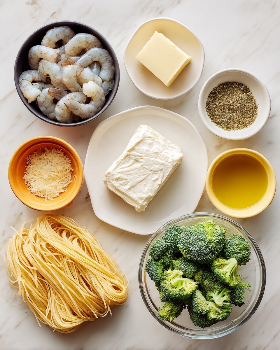 The image shows several ingredients placed separately on a white marbled surface: in a black bowl at the top left, there is raw shrimp with a light gray color and curved shapes; next to it on the right, a small white bowl holds a square piece of pale yellow butter; below the shrimp, a white plate holds a large block of white cream cheese; to the right of the plate, an orange bowl contains greenish Italian seasoning; next to it is a small white bowl filled with golden olive oil; beside the olive oil is a yellow bowl with minced light beige garlic; near the bottom center, long strands of uncooked pale yellow pasta lie flat; to the right, a clear measuring cup is filled with fresh bright green broccoli florets; and at the bottom left, a measuring cup holds light brown chicken broth. All ingredients are spaced out neatly on the surface. Photo taken with an iphone --ar 4:5 --v 7