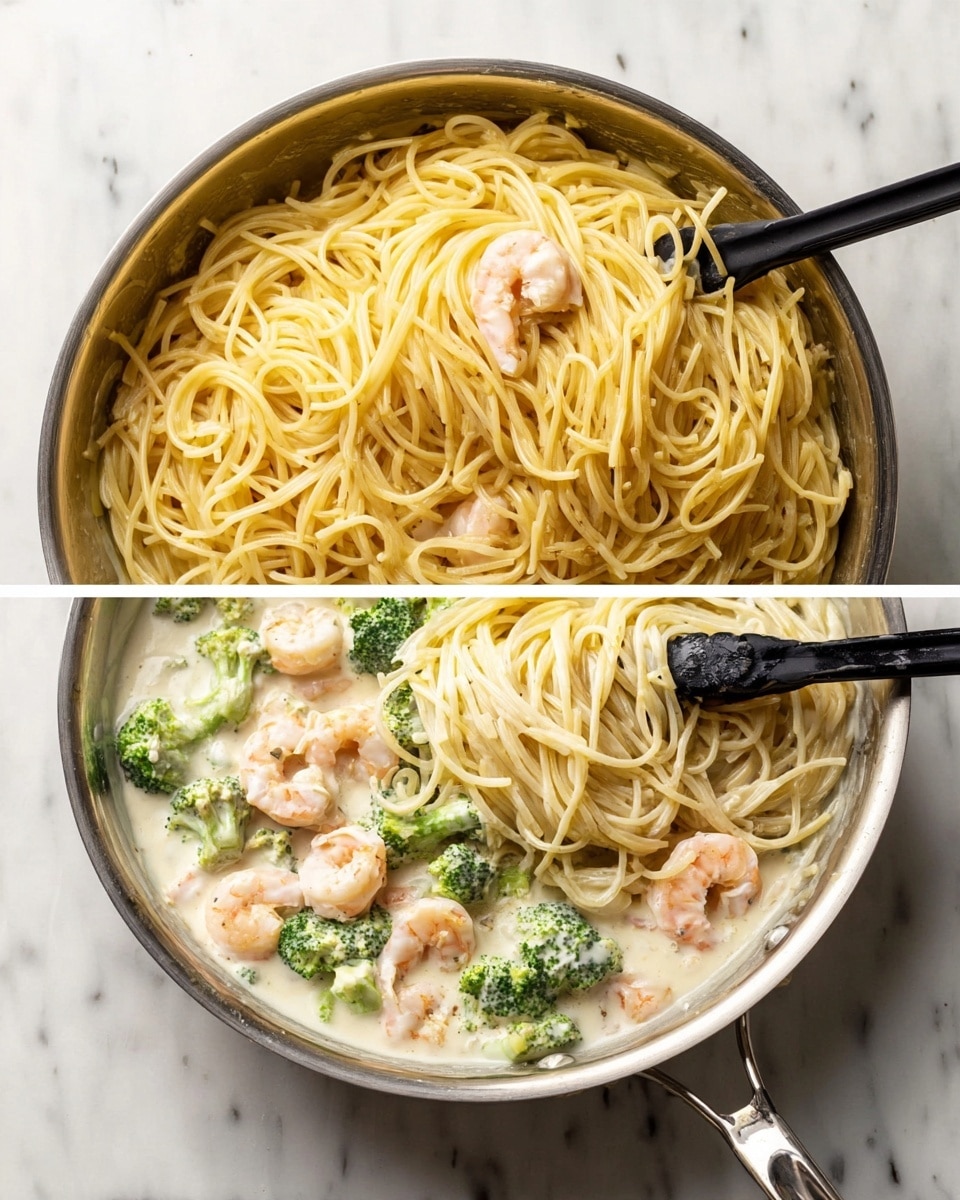A stainless steel pan sits on a white marbled surface, filled with layers of food. The bottom layer is a creamy white sauce with small green broccoli florets and light pink shrimp. On top of this sauce, a thick layer of yellow cooked spaghetti covers most of the pan. In the second part of the image, black tongs mix the spaghetti with the sauce, shrimp, and broccoli, showing the ingredients well combined with creamy sauce coating the pasta and toppings. Photo taken with an iphone --ar 4:5 --v 7