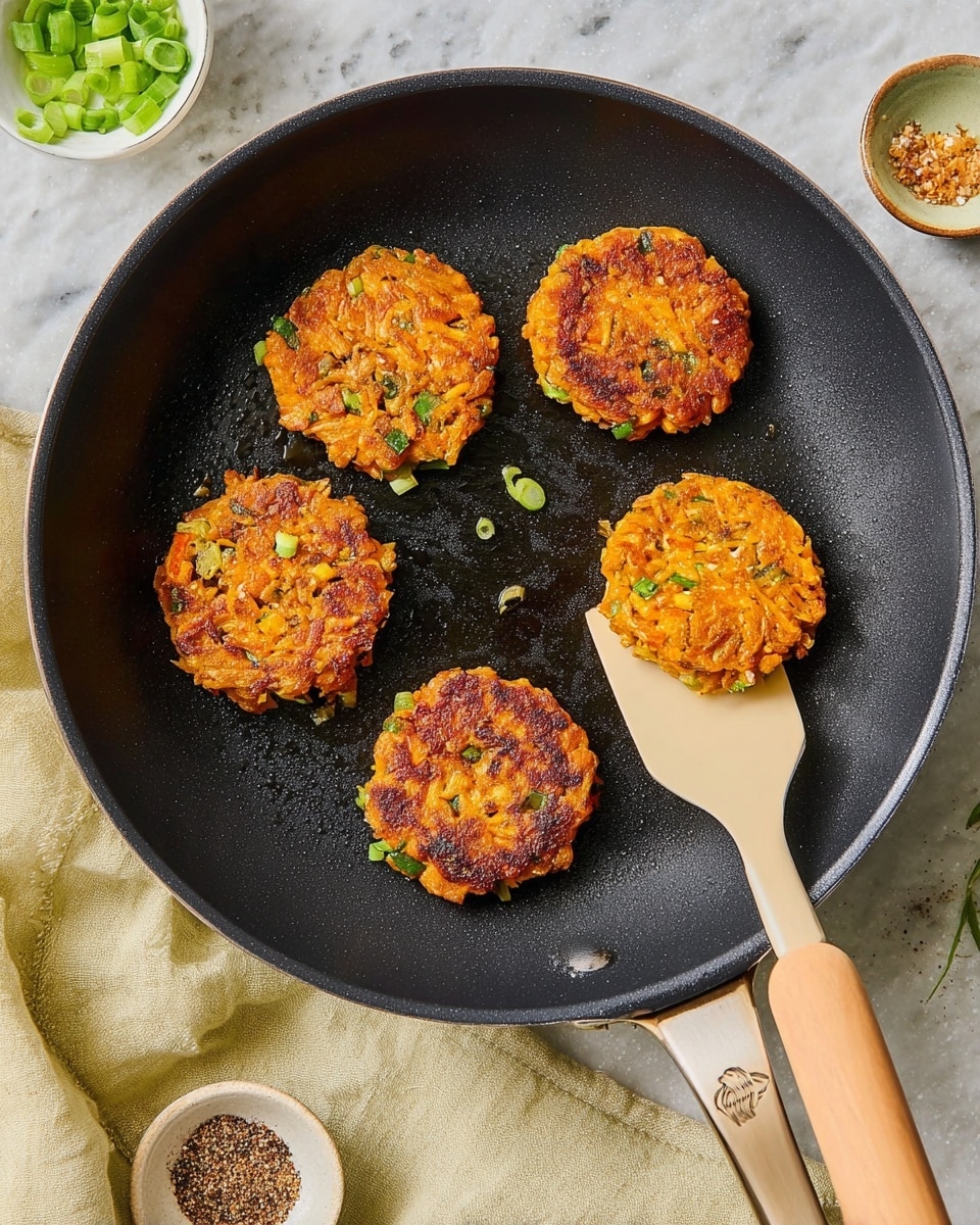Five golden brown, round patties with a crispy texture are cooking in a black non-stick pan. You can see bits of green onion mixed in the patties, giving hints of green among the browned, orange surface. One patty is being lifted by a beige spatula with a light wooden handle, showing a close-up of the crispy side. The pan is placed on a surface with a white marbled texture, surrounded by a small white bowl with cut green onions inside, a beige cloth, and small dishes of seasoning nearby. photo taken with an iphone --ar 4:5 --v 7