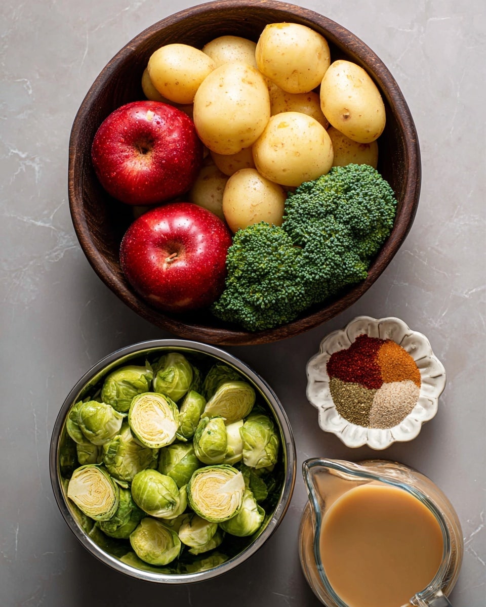 A dark wooden bowl filled with three layers of vegetables: pale yellow baby potatoes on top, two shiny red apples in the middle, and green broccoli florets on one side. Below it, a stainless steel bowl is filled with halved Brussels sprouts showing their light green and beige inside. To the right, a small shallow white bowl holds mixed ground spices in red, brown, and green hues. Below that, a clear glass jug with a flower-shaped rim is filled with light brown liquid. All items are arranged on a white marbled surface. Photo taken with an iphone --ar 4:5 --v 7