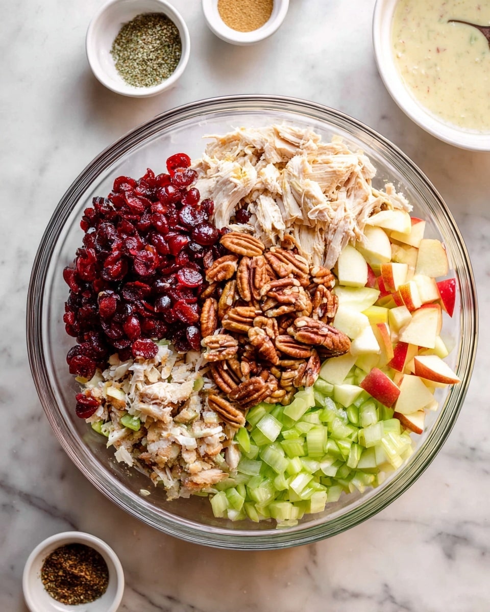 A clear glass bowl sits on a white marbled surface filled with five distinct layers, each occupying roughly equal sections: bright red dried cranberries, shredded light tan chicken, chopped brown pecans, light green diced celery, and yellowish-white chopped apple with red skin edges. Around the bowl, small white dishes hold seasonings and a creamy dressing. The shot is bright, clean, and well-lit, showing textures clearly, photo taken with an iphone --ar 4:5 --v 7