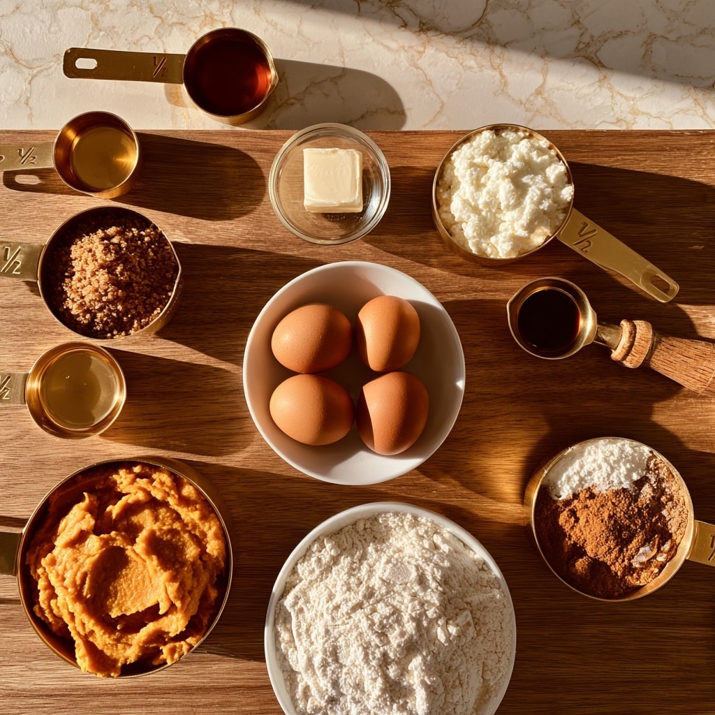 A wooden table with a white marbled texture background holds various small white bowls and gold measuring cups arranged neatly. In the center, a white bowl contains three brown eggs. Above it, a small clear bowl holds a cube of salted butter. To the right of the eggs, a gold ½ cup measuring cup is filled with white cottage cheese, and nearby is a small gold measuring cup with vanilla extract and a wooden handle. Below the eggs, a white bowl is filled with white all-purpose flour. To the left of this, a gold ½ cup measuring cup is filled with orange pumpkin puree. Above it, another gold ½ cup measuring cup contains brown sugar. At the top left, a gold 1 tablespoon measuring cup is filled with maple syrup. To the right of the flour, a gold ½ cup measuring cup holds a mix of baking powder, cinnamon, and pumpkin pie spice. The scene is well-lit, creating a clean and organized view of the ingredients. Photo taken with an iphone --ar 4:5 --v 7