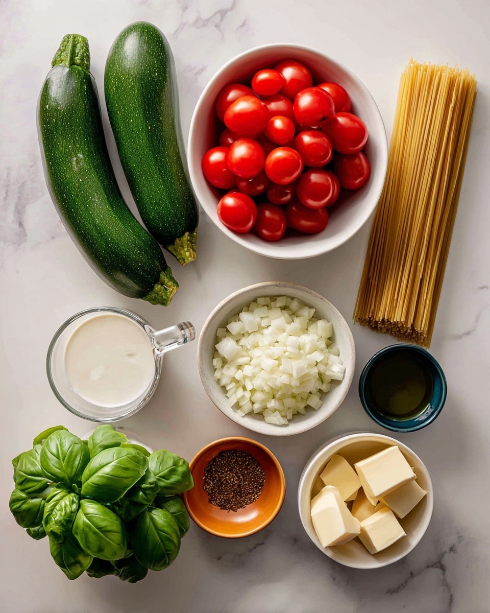 Two whole green zucchinis lie on a white marbled surface to the left. Next to them is a white bowl full of bright red little tomatoes. To the right of the bowl, there is uncooked pasta in a neat bundle, lying flat on the surface. Below the zucchini, a clear measuring cup contains heavy cream. Below the little tomatoes is a white bowl with chopped white onions. To the right of that, there is a small dark blue bowl filled with chopped garlic. Below the onions and garlic, there is a small orange bowl filled with Italian seasoning. In the lower left corner, there is a bunch of fresh green basil leaves. To the right of the basil, there is a small white bowl holding olive oil. Next to this, another white bowl contains two pieces of butter. The whole setup is on a white marbled surface. Photo taken with an iphone --ar 4:5 --v 7