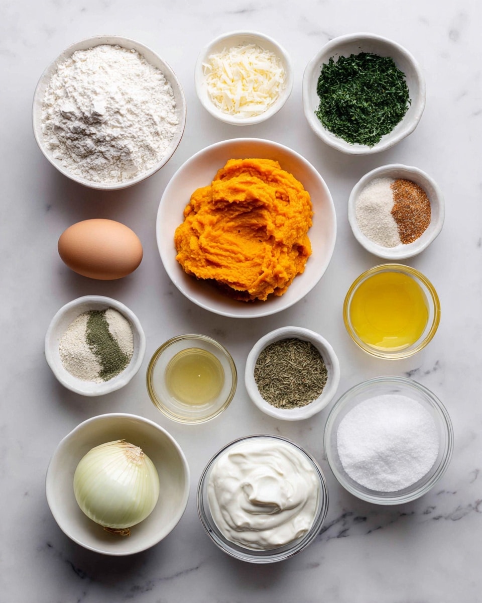 A white marbled surface displays 12 small white bowls and items arranged in a grid with three rows and four columns. The first row has a bowl of white all-purpose flour on the left, next to it a bowl of bright orange pumpkin purée, then finely grated pale Parmesan cheese in a clear bowl, and chopped dark green parsley in another clear bowl. The second row shows a light brown egg on the far left, a small clear bowl with a dollop of light yellow Dijon mustard, a clear bowl with pale yellow vegetable oil, and a mixture of light brown poultry seasoning, garlic powder, salt, and pepper on the right. The bottom row includes a white bowl of thick white sour cream on the left, half of a pale yellow onion next to it, a clear bowl with clear lemon juice, and a small clear bowl holding white baking powder on the right. The whole scene is brightly lit and clean looking photo taken with an iphone --ar 4:5 --v 7