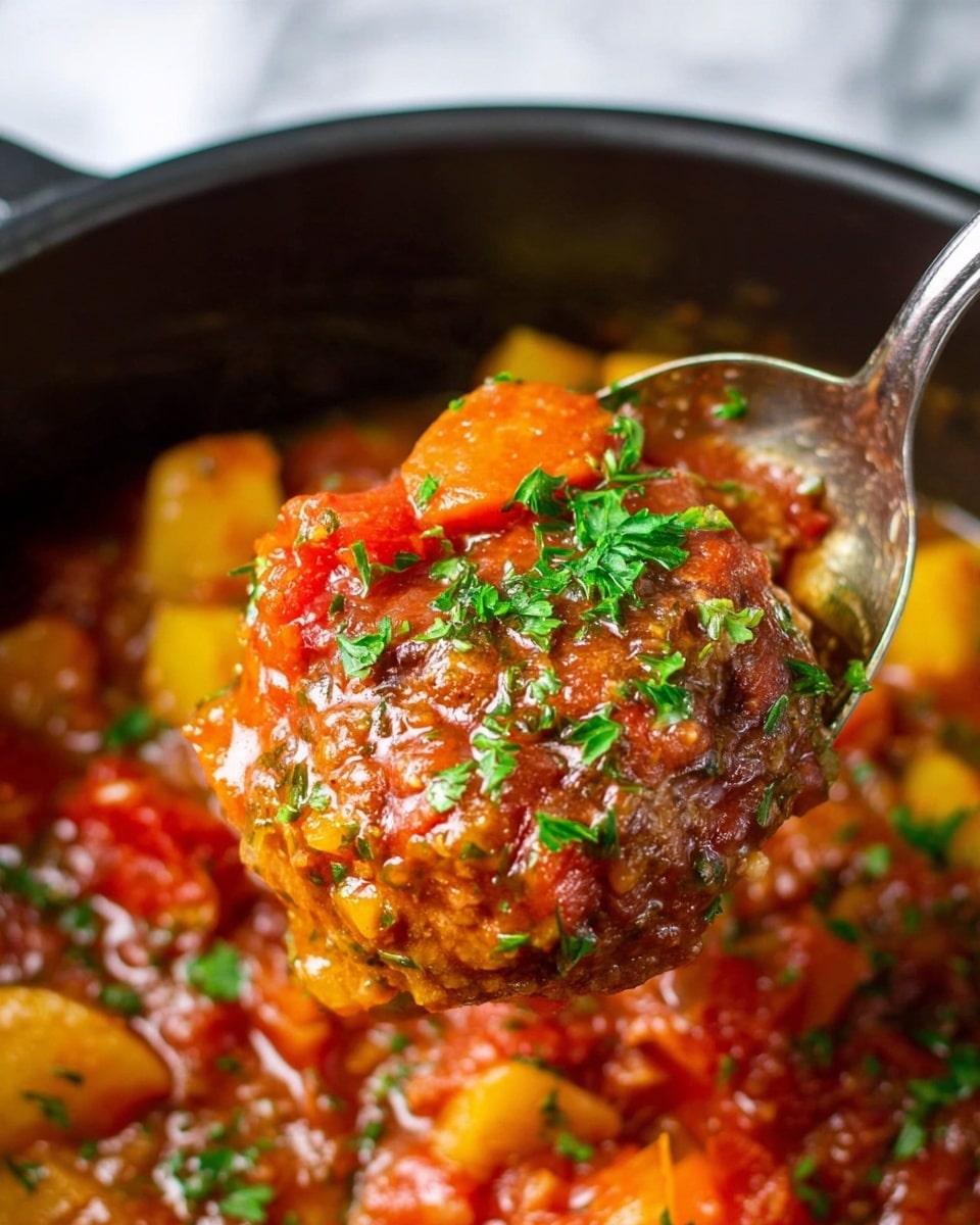 A close-up view of a large spoon holding a thick stew with visible layers: a base of chunky orange carrots and yellow potatoes, covered by rich, glossy red tomato sauce mixed with small green herb bits, and a browned thick patty or meat-like piece on top, all sprinkled with fresh chopped green parsley. The background shows more of the same stew inside a black pot against a white marbled surface. photo taken with an iphone --ar 4:5 --v 7