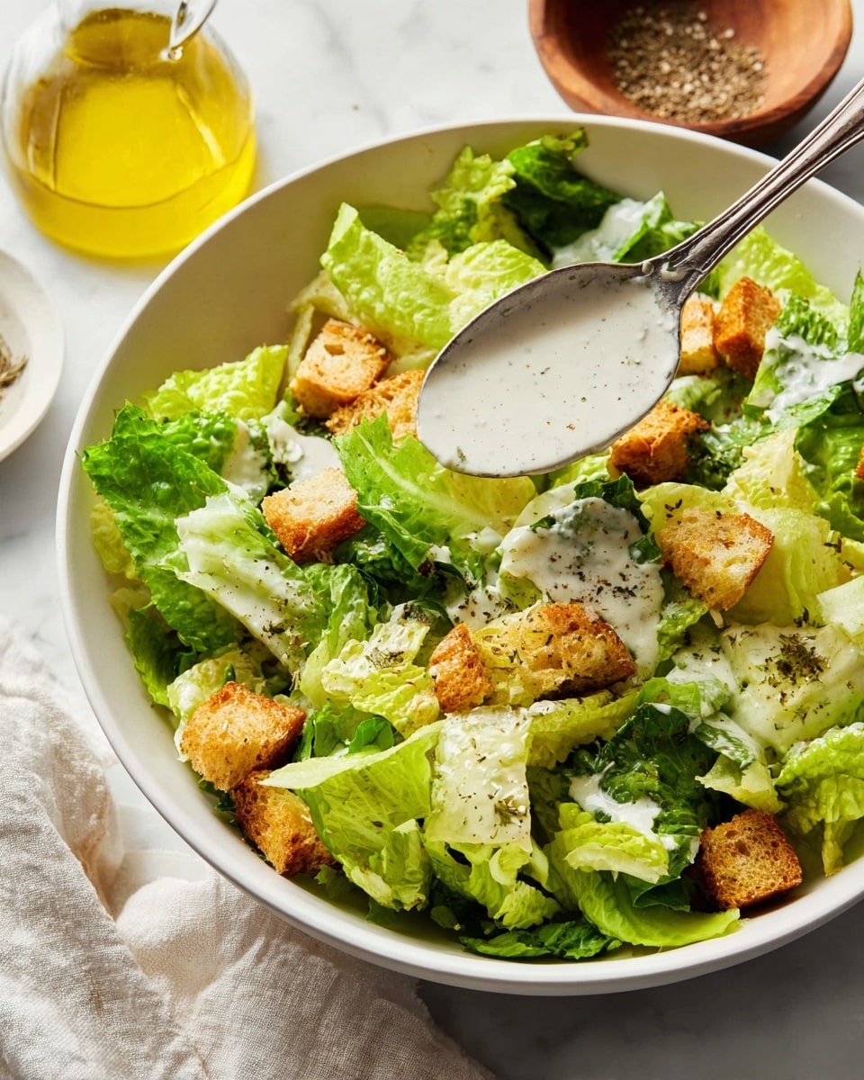 A white bowl filled with fresh dark and light green romaine lettuce leaves layered neatly, topped with golden brown croutons scattered across the salad, and creamy white dressing with small herbs being spooned over from a silver spoon. In the background, a small clear bottle of yellow olive oil and a wooden bowl with spices sit on a white marbled surface. The scene also shows part of a light textured cloth underneath the bowl. photo taken with an iphone --ar 4:5 --v 7