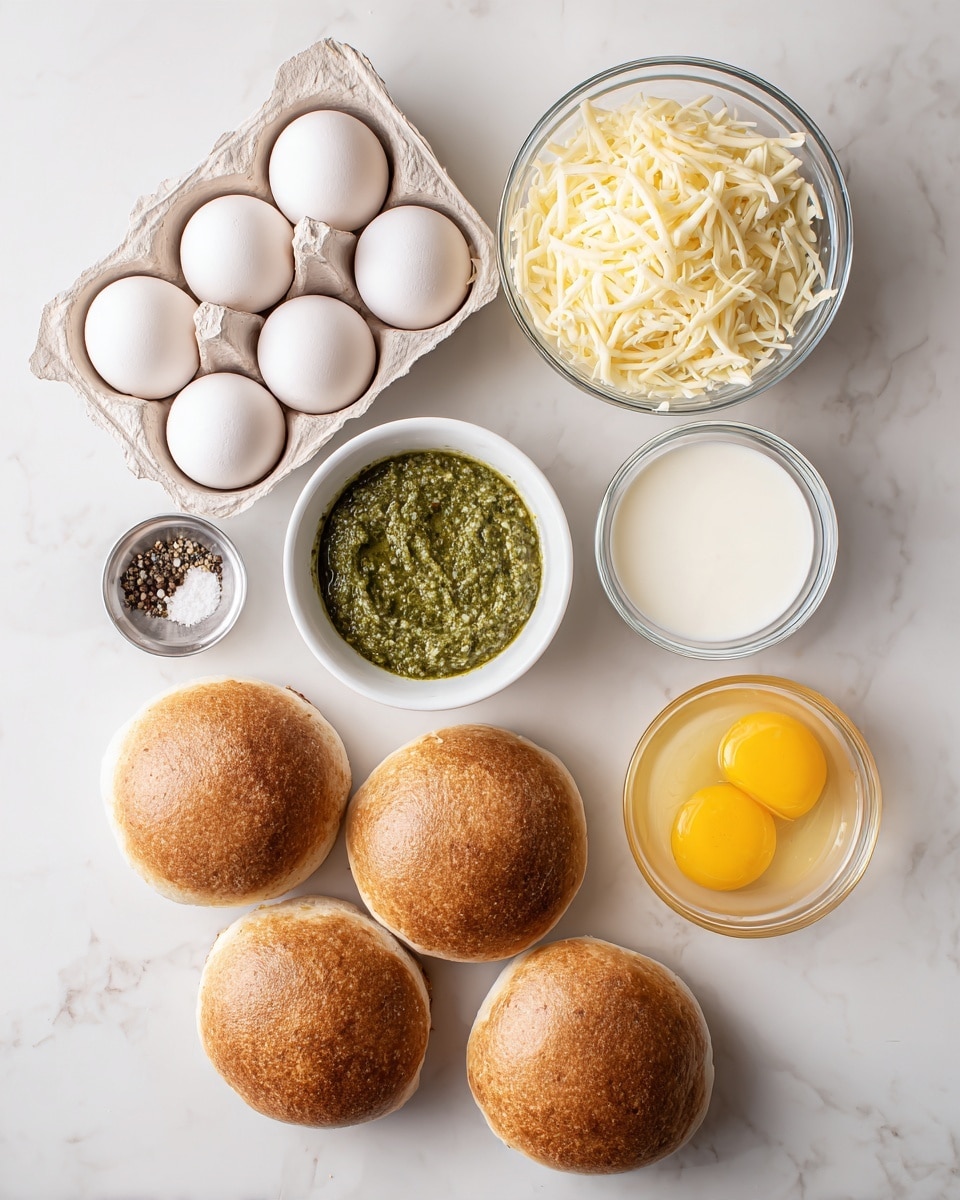 The image shows six brown English muffins arranged in a slightly curved line at the bottom on a white marbled surface. Above the muffins are six white eggs in a cardboard carton on the left. To the right of the eggs, there is a small white bowl filled with shredded pale yellow cheese. Next to the cheese is a clear glass bowl with white milk. Above the milk is another clear glass bowl with green pesto sauce, showing a textured mix of herbs and oil. To the right of the pesto is a clear glass bowl filled with yellow egg whites. Finally, in the top left corner, there is a small metal bowl containing salt and black pepper. Each item is neatly spaced and labeled with black text on white background. Photo taken with an iphone --ar 4:5 --v 7