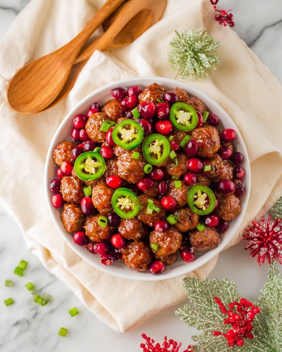 A white bowl filled with small, shiny brown meatballs coated in sauce forms the main layer, with bright red cranberries scattered evenly throughout. On top, slices of fresh green jalapeño peppers and small pieces of chopped green onions add vibrant color contrast. The bowl is set on a cream-colored cloth on a white marbled surface, with wooden spoons and red berry and green frosted leaf decorations nearby. Photo taken with an iphone --ar 4:5 --v 7