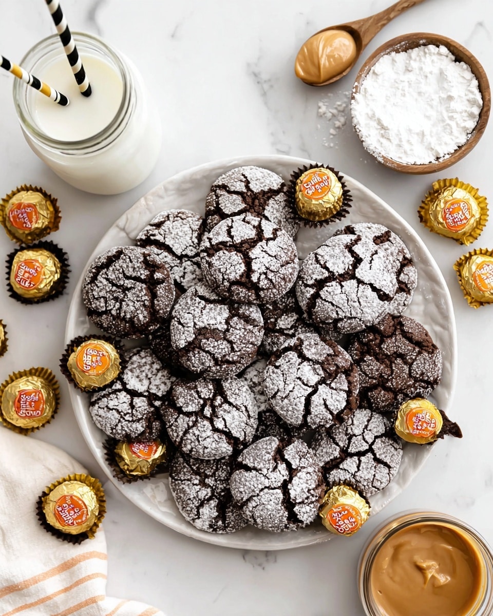 A white plate filled with many dark chocolate cookies covered with cracked white powdered sugar on top, showing rough cracked textures. Around the edge of the plate, there are several small round peanut butter cups wrapped in golden foil with orange labels and some unwrapped showing the smooth brown surface. Next to the plate, on a white marbled surface, there is a glass jar filled with milk with two striped straws in black-and-white and yellow-and-white inside. Above the plate on the right side, there is a small clear bowl with white powdered sugar and a wooden spoon resting in it, and a silver spoon with creamy brown peanut butter outside the bowl. A woman's hand is slightly visible holding one of the straws. The whole scene is bright with a clean and tidy arrangement. photo taken with an iphone --ar 4:5 --v 7
