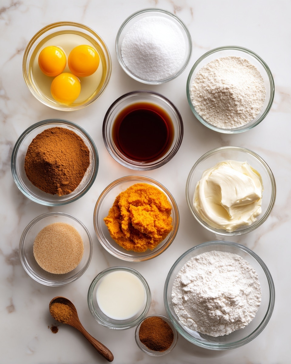 The image shows eleven small clear glass bowls arranged neatly on a white marbled surface, each bowl containing different baking ingredients. Starting from the top left, there is a bowl with two whole yellow eggs in clear liquid, next to it a bowl of white baking soda powder, and a bowl of white granulated sugar. Below the eggs, there is a bowl of brownish pumpkin pie spice powder, a bowl of amber vanilla extract, and a bowl with bright orange pumpkin puree. Under these, there is a bowl with light brown sugar, a bowl with white creamy sour cream, and a bowl with pale yellow oil. At the bottom right, there is a bowl filled with white baking powder and next to it smaller glass bowls with white flour, cinnamon spice powder, milk, and dark maple syrup in a wooden spoon-shaped dish. Each ingredient is labeled in black text near its bowl. Photo taken with an iphone --ar 4:5 --v 7
