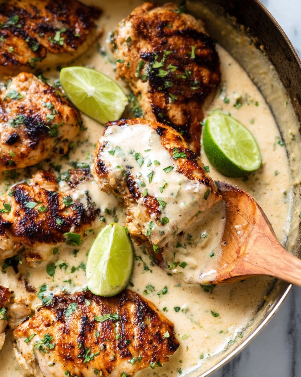 The image shows several grilled chicken pieces with a golden-brown and slightly charred texture sitting in a creamy beige sauce inside a pan. The chicken is topped with small green herb bits. There are two lime wedges placed among the chicken pieces, adding a fresh green and yellow pop of color. A wooden spatula is lifting one chicken piece, showing creamy sauce dripping slightly over it. The background has a white marbled texture. photo taken with an iphone --ar 4:5 --v 7